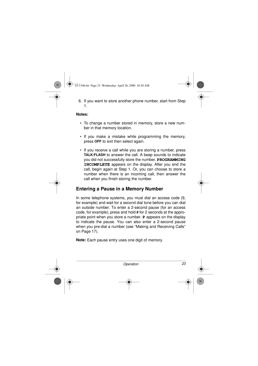 Radio Shack ET-1106 owner manual Entering a Pause in a Memory Number 