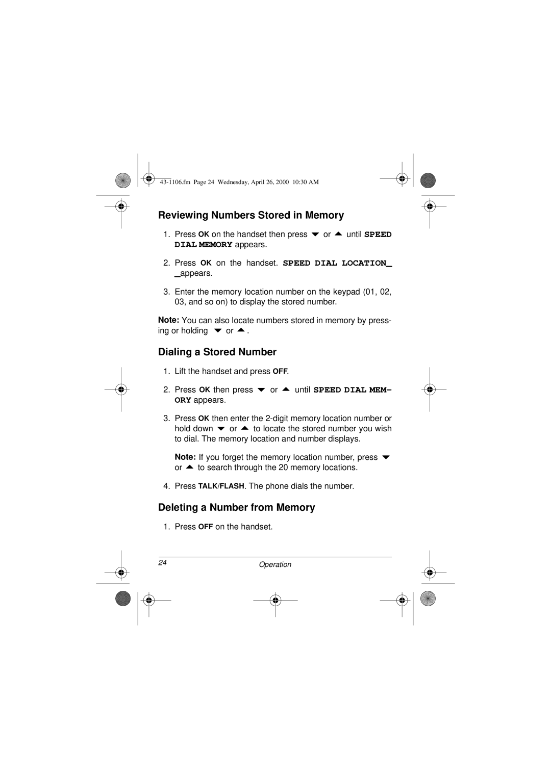 Radio Shack ET-1106 owner manual Reviewing Numbers Stored in Memory, Dialing a Stored Number, Deleting a Number from Memory 