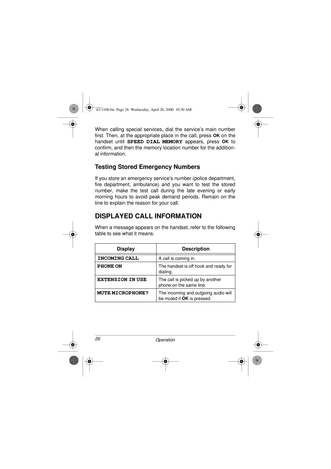 Radio Shack ET-1106 owner manual Displayed Call Information, Testing Stored Emergency Numbers 