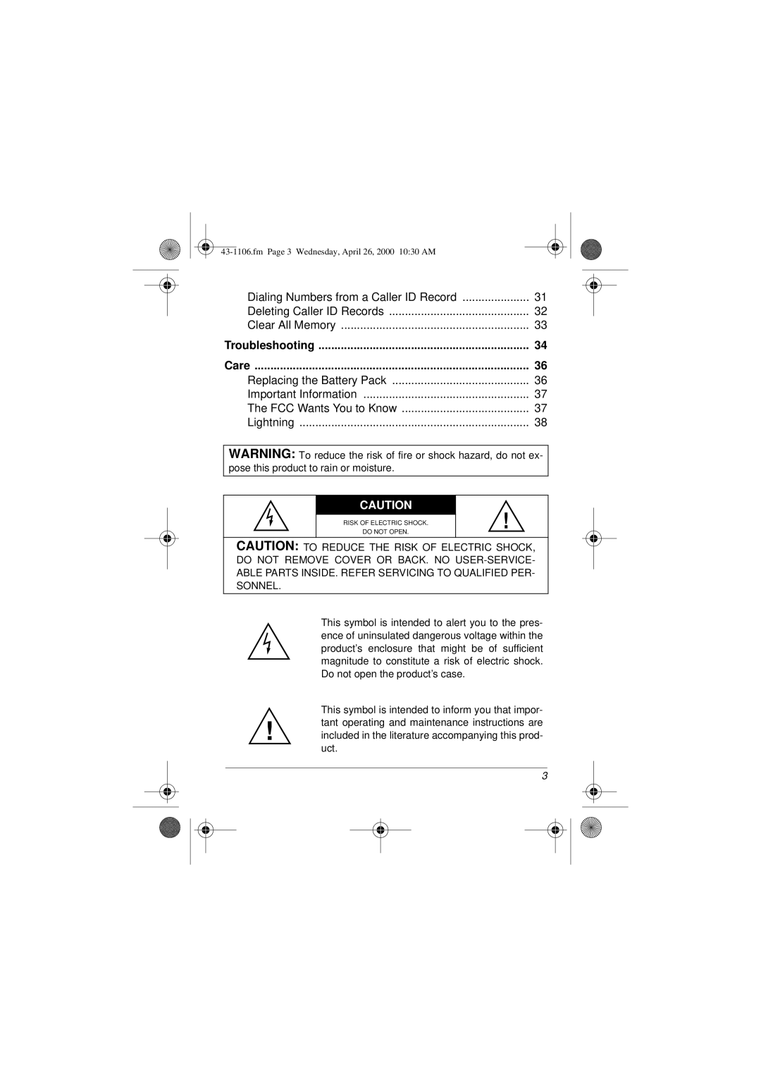 Radio Shack ET-1106 owner manual Troubleshooting Care 