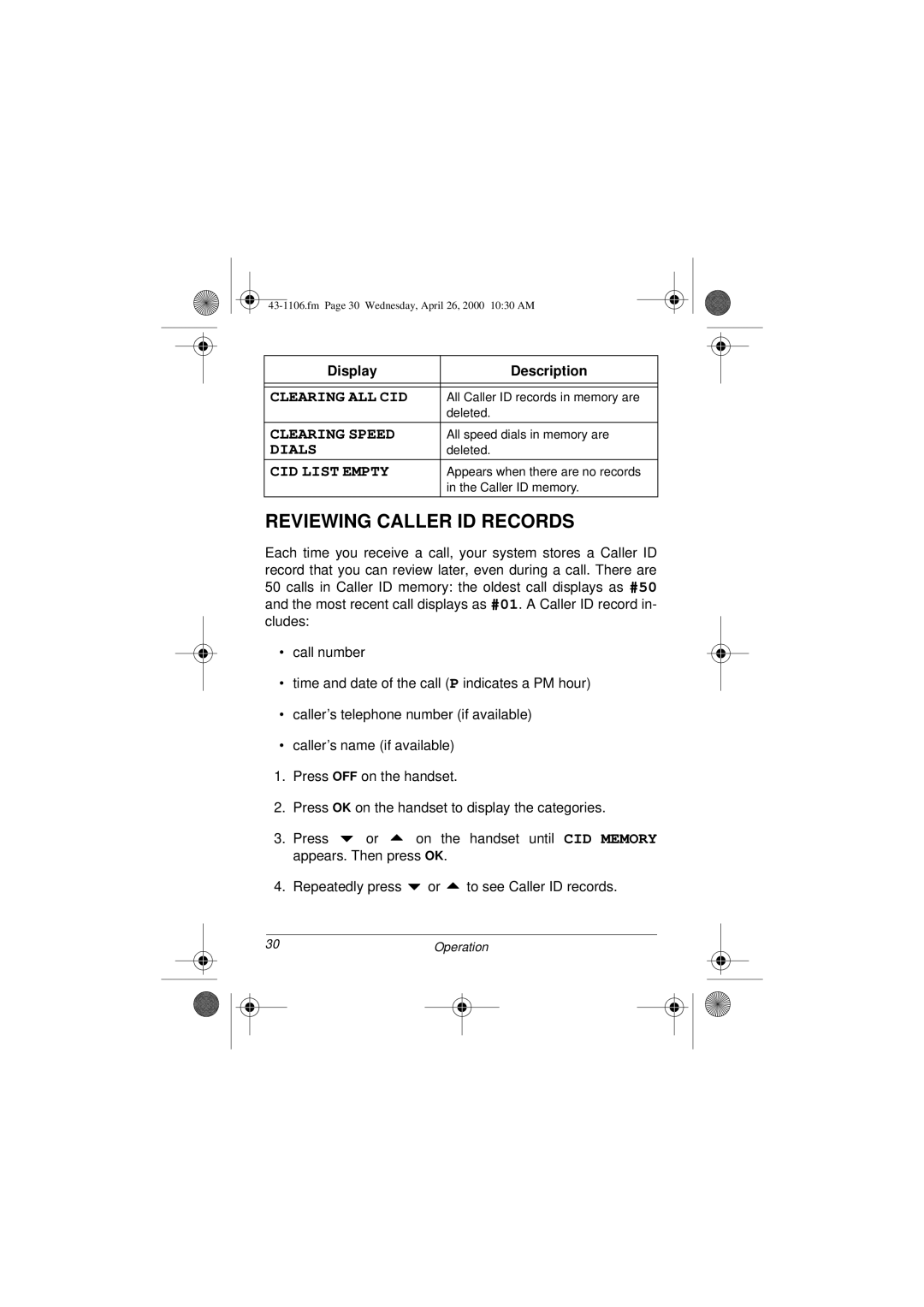 Radio Shack ET-1106 owner manual Reviewing Caller ID Records 