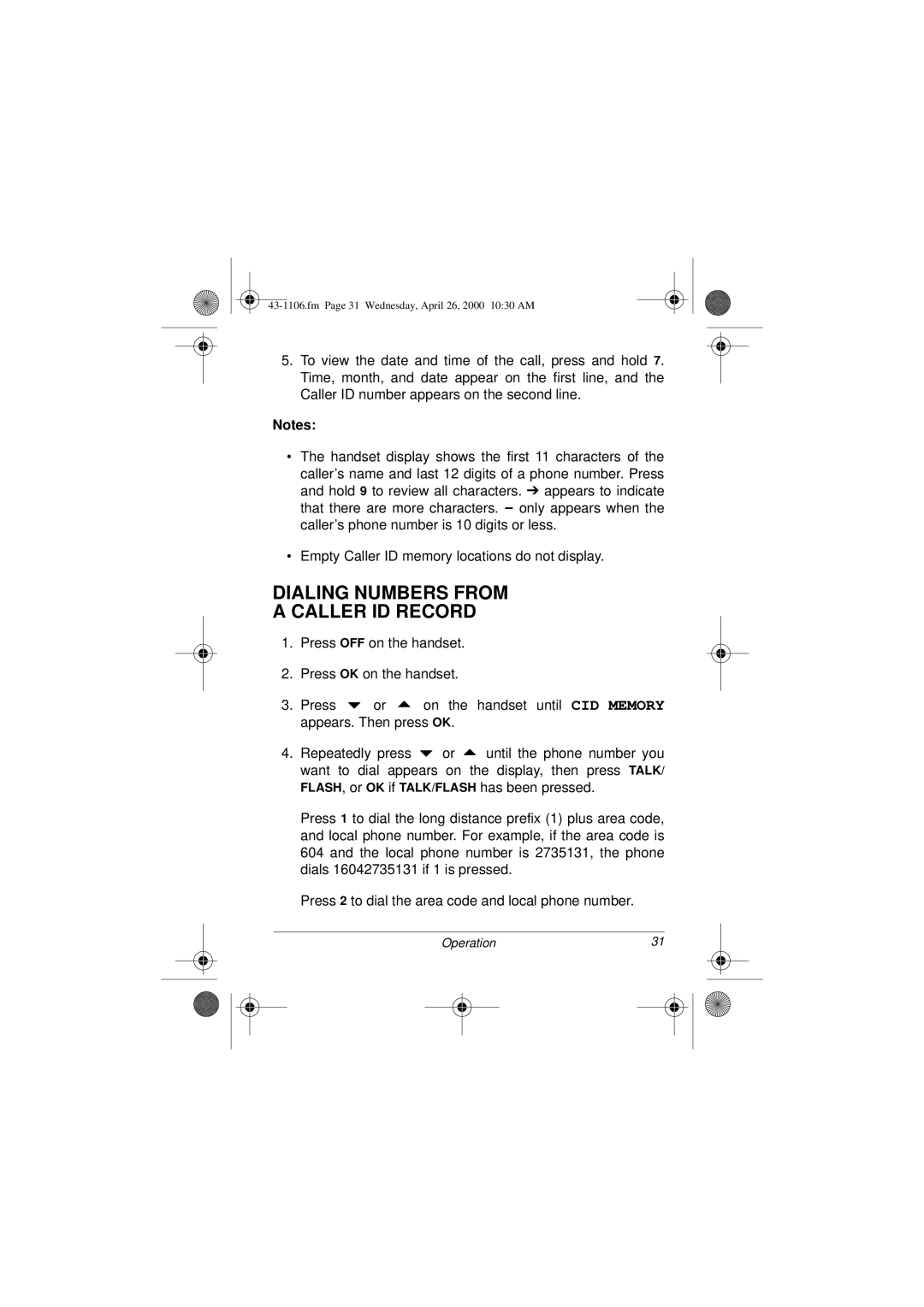 Radio Shack ET-1106 owner manual Dialing Numbers from Caller ID Record 