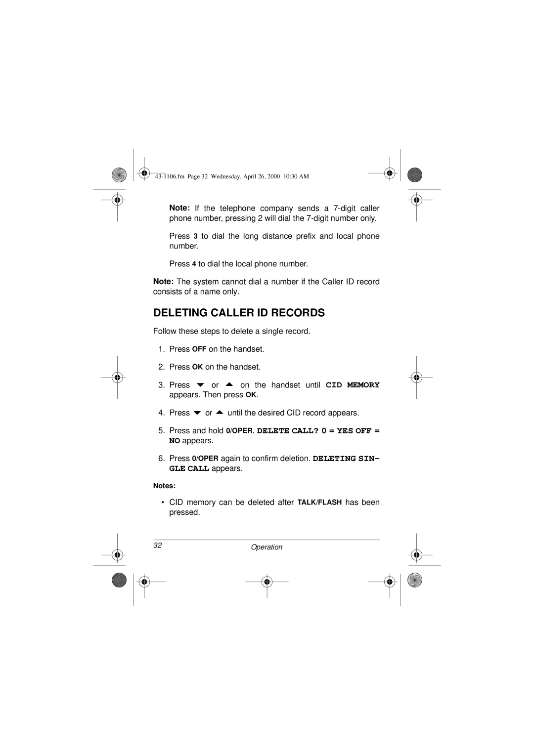 Radio Shack ET-1106 owner manual Deleting Caller ID Records 