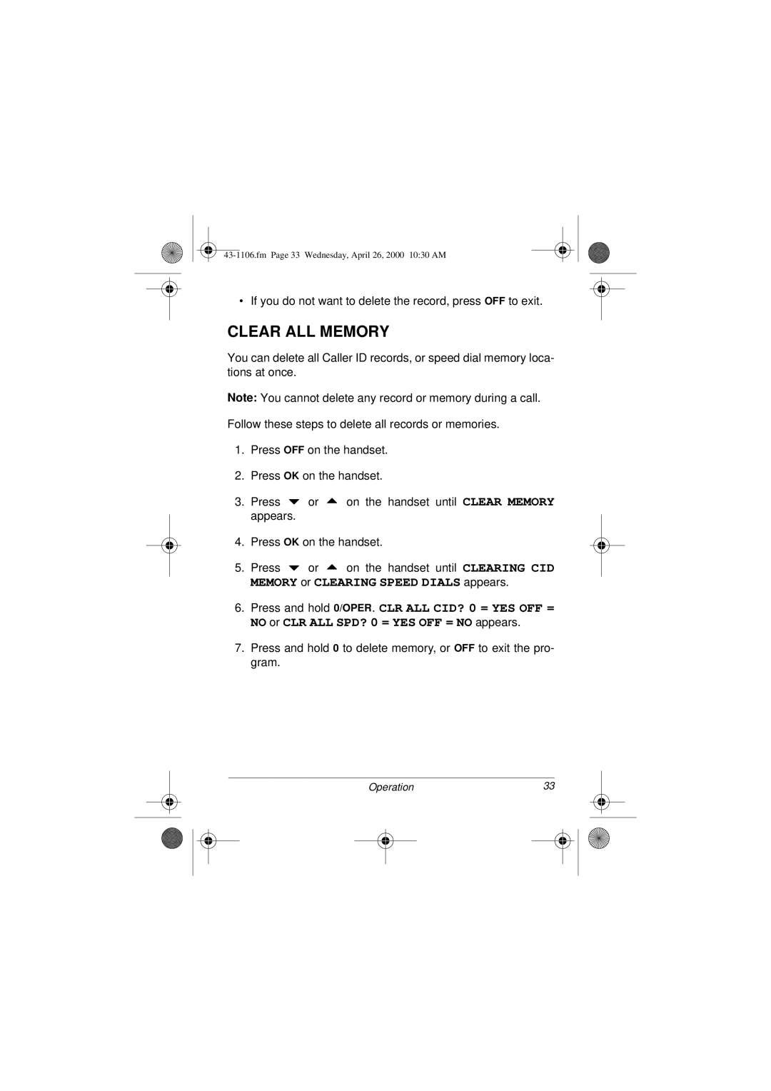 Radio Shack ET-1106 owner manual Clear ALL Memory 