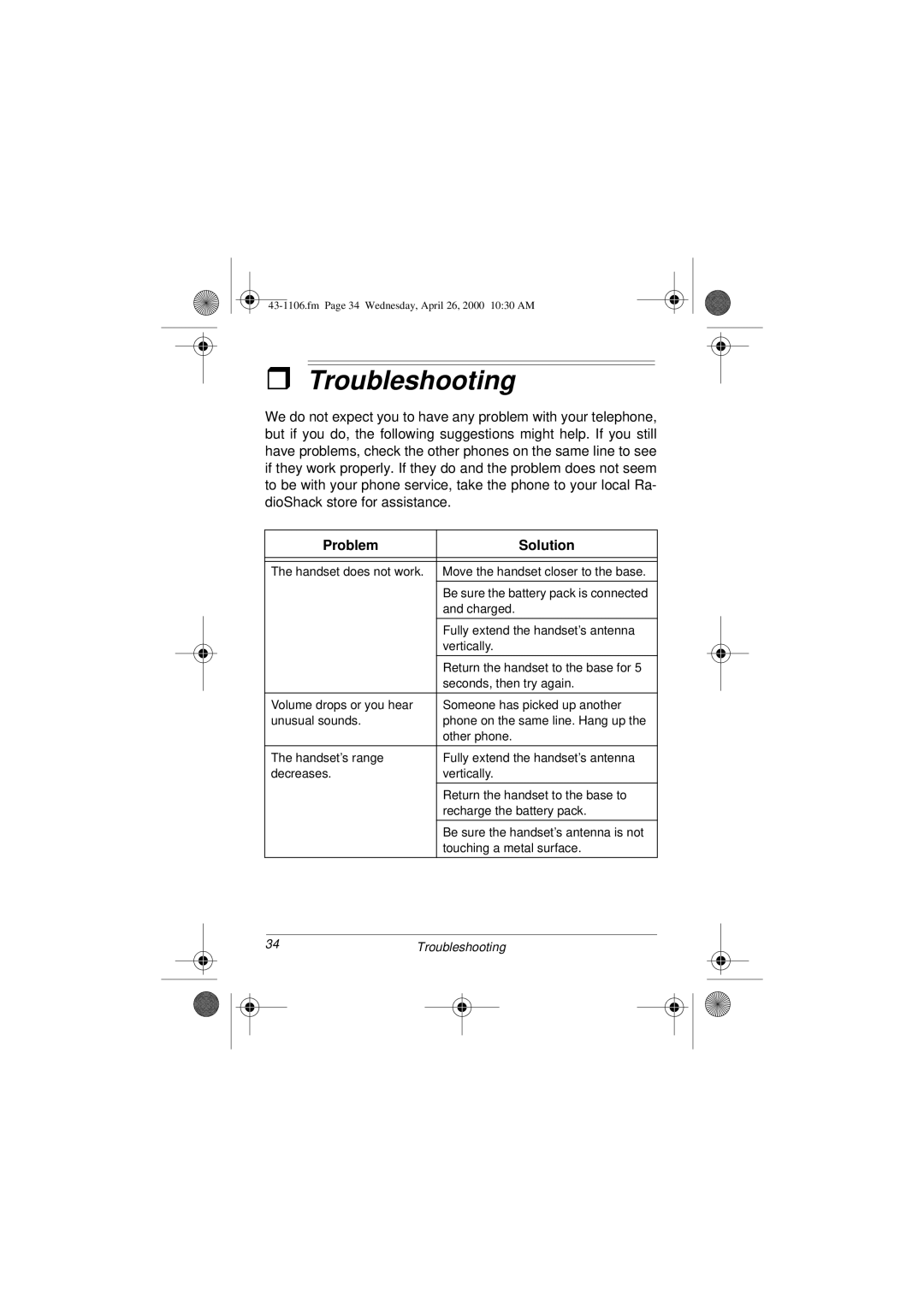 Radio Shack ET-1106 owner manual Troubleshooting, Problem Solution 