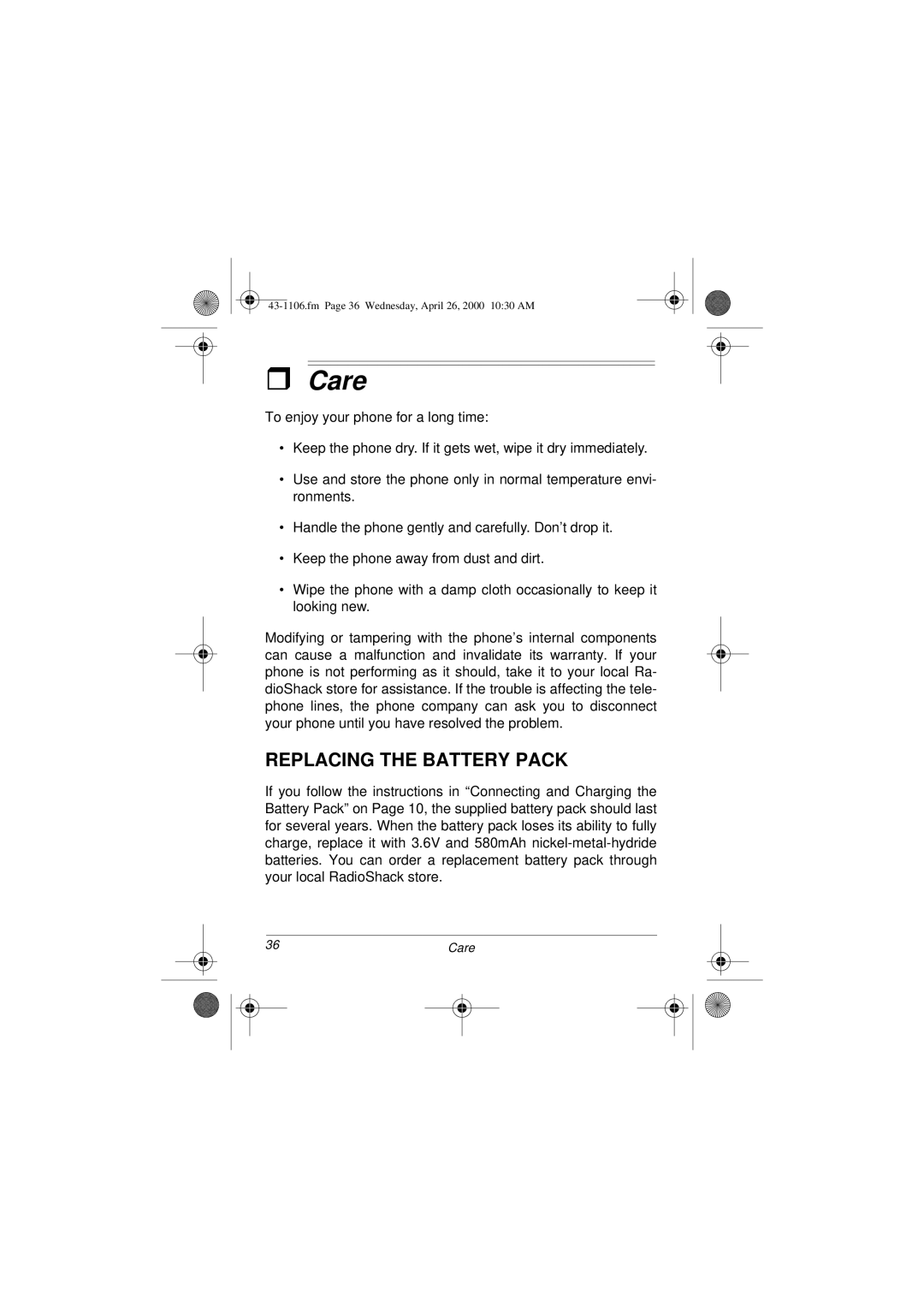 Radio Shack ET-1106 owner manual Care, Replacing the Battery Pack 