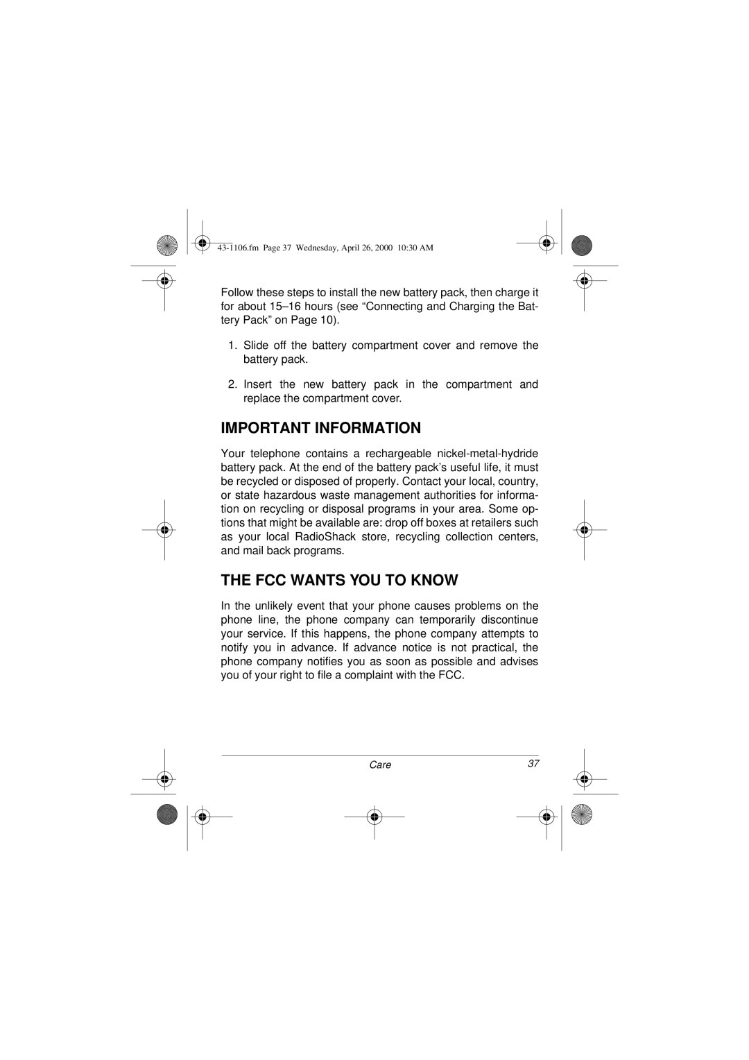 Radio Shack ET-1106 owner manual Important Information, FCC Wants YOU to Know 