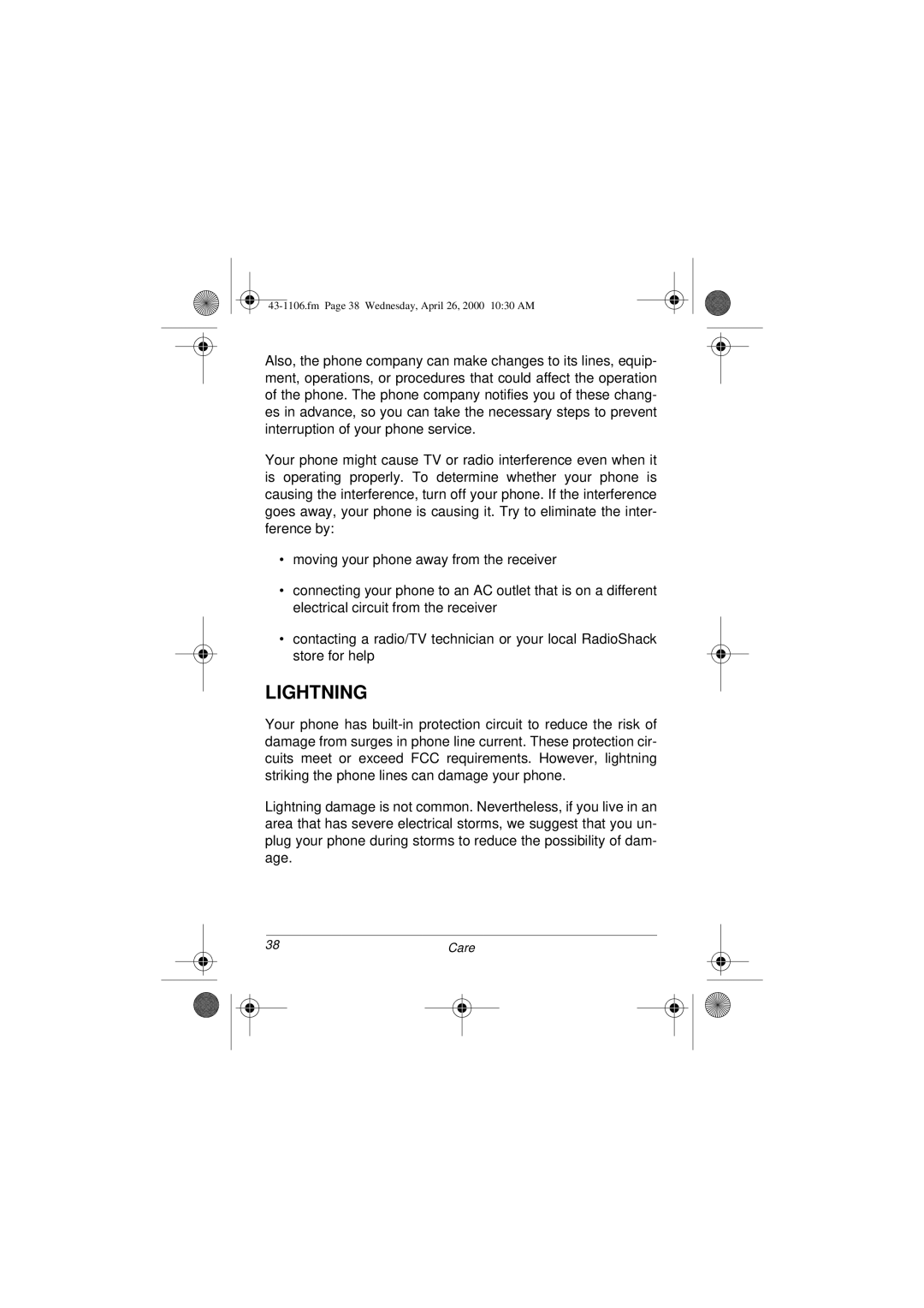 Radio Shack ET-1106 owner manual Lightning 