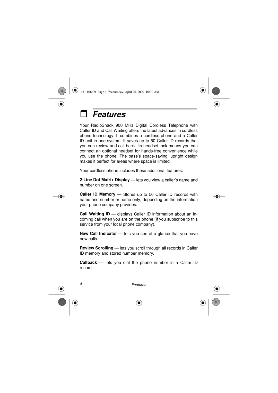 Radio Shack ET-1106 owner manual Features 