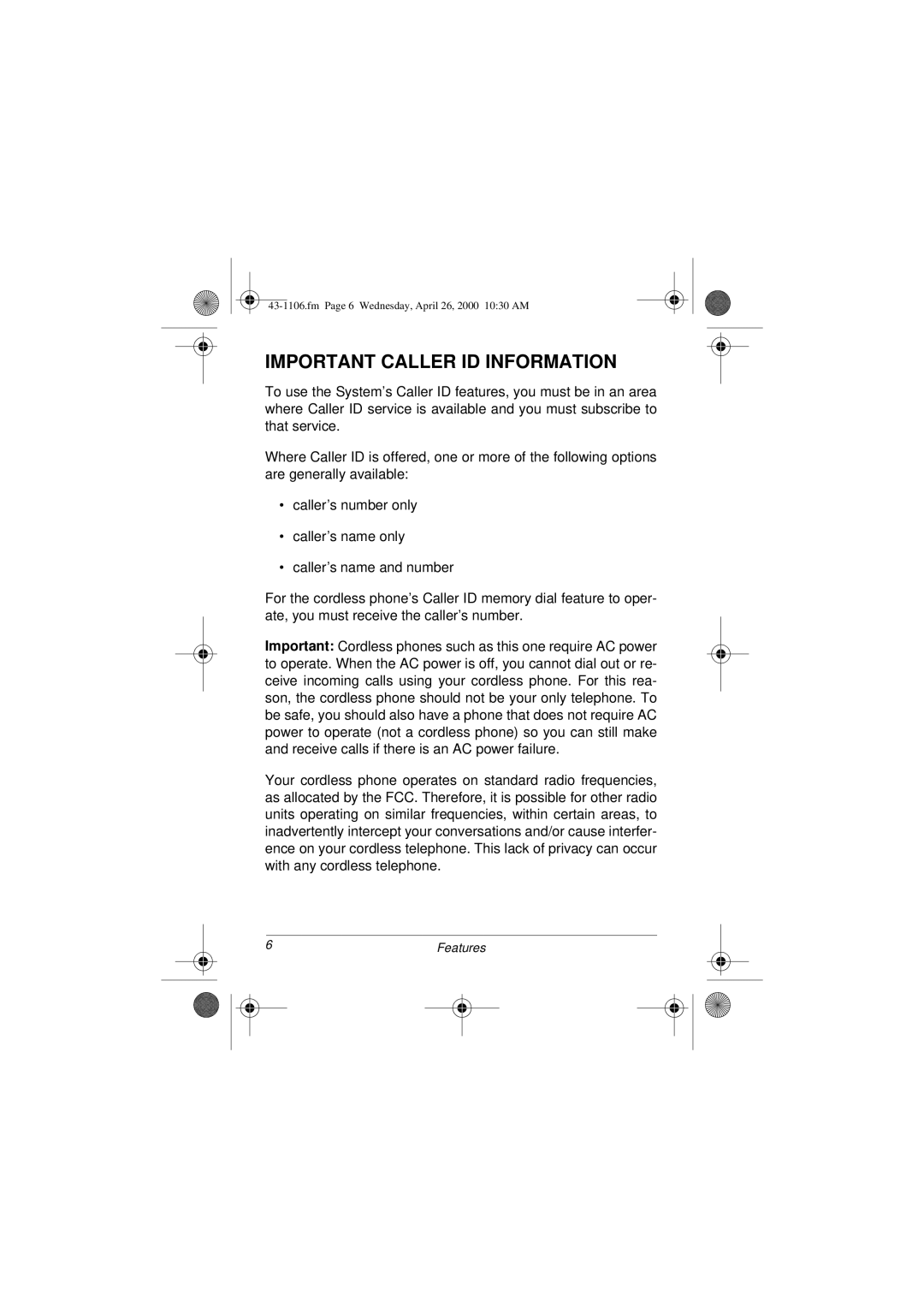 Radio Shack ET-1106 owner manual Important Caller ID Information 