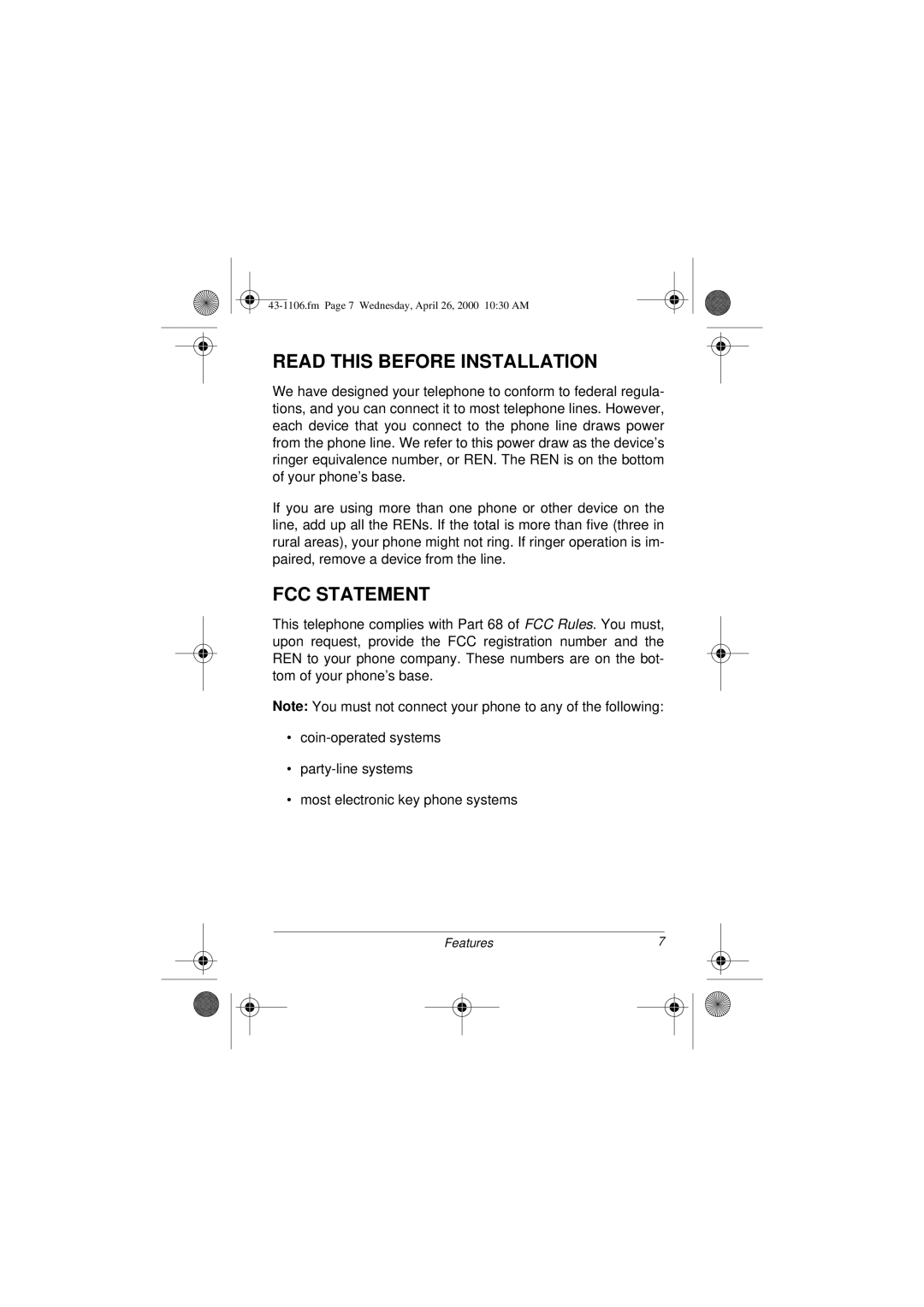 Radio Shack ET-1106 owner manual Read this Before Installation, FCC Statement 