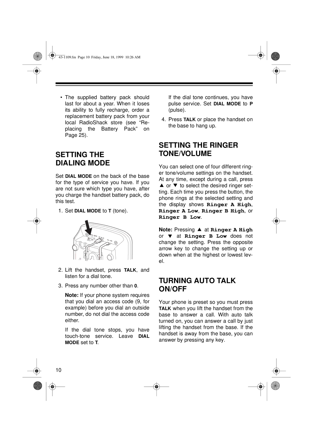 Radio Shack ET-1109 owner manual Setting Dialing Mode, Setting the Ringer TONE/VOLUME, Turning Auto Talk ON/OFF 