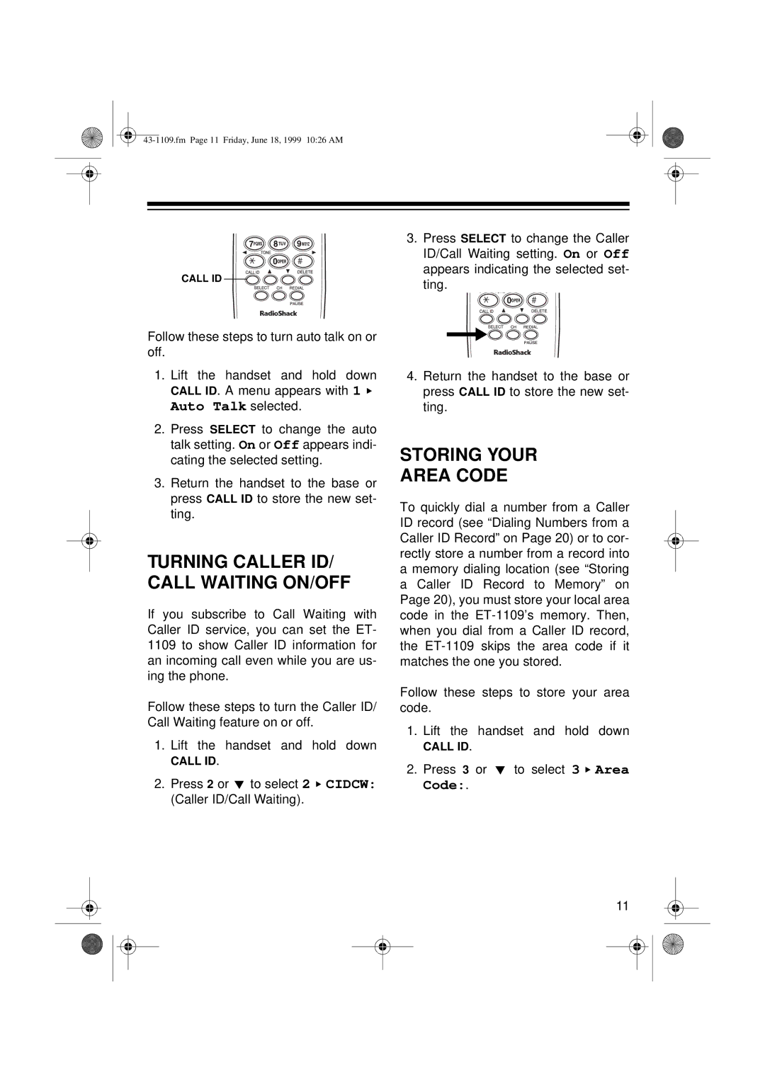 Radio Shack ET-1109 owner manual Turning Caller ID/ Call Waiting ON/OFF, Storing Your Area Code 