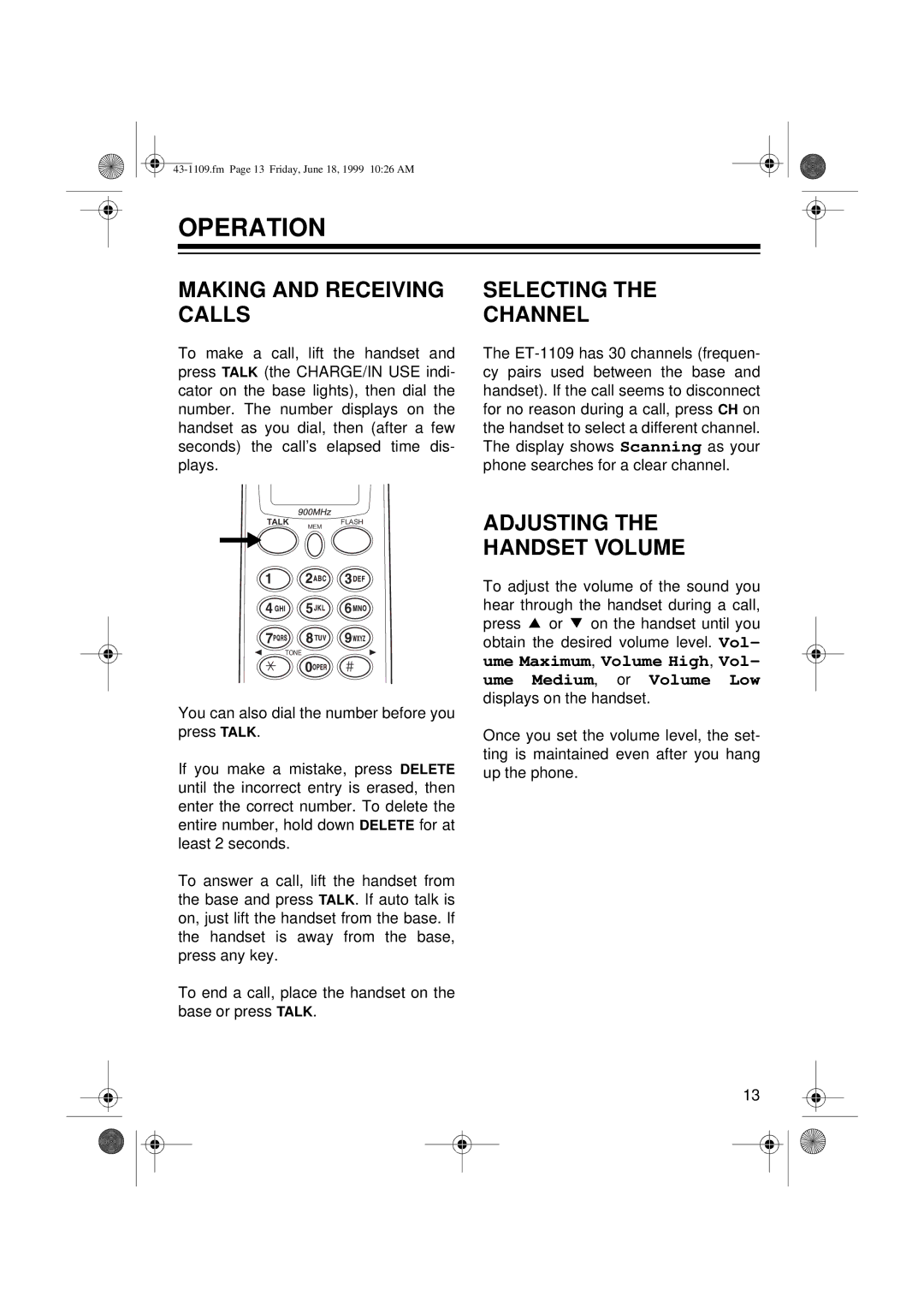 Radio Shack ET-1109 owner manual Operation, Making and Receiving Calls, Selecting Channel, Adjusting Handset Volume 