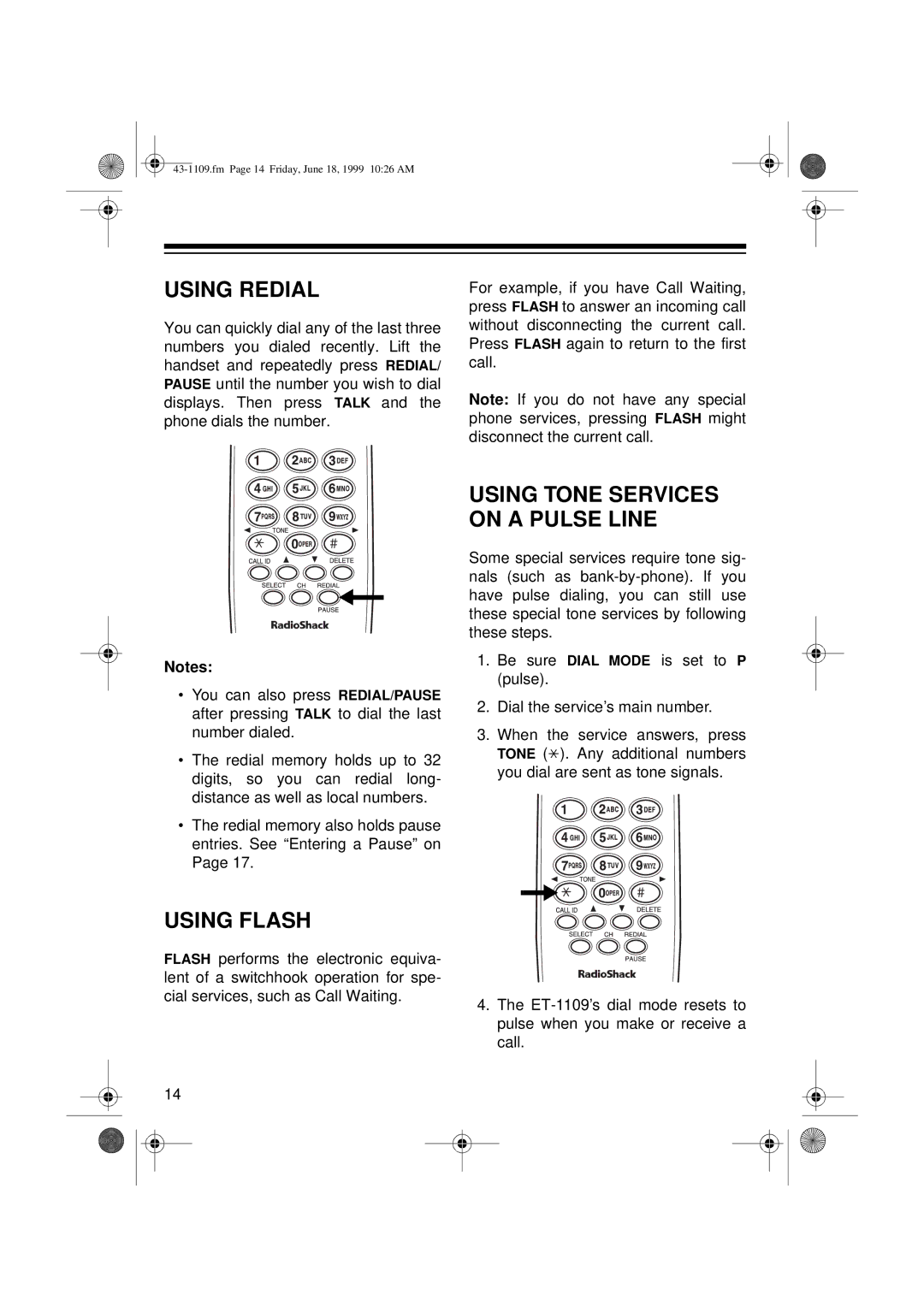 Radio Shack ET-1109 owner manual Using Redial, Using Flash 