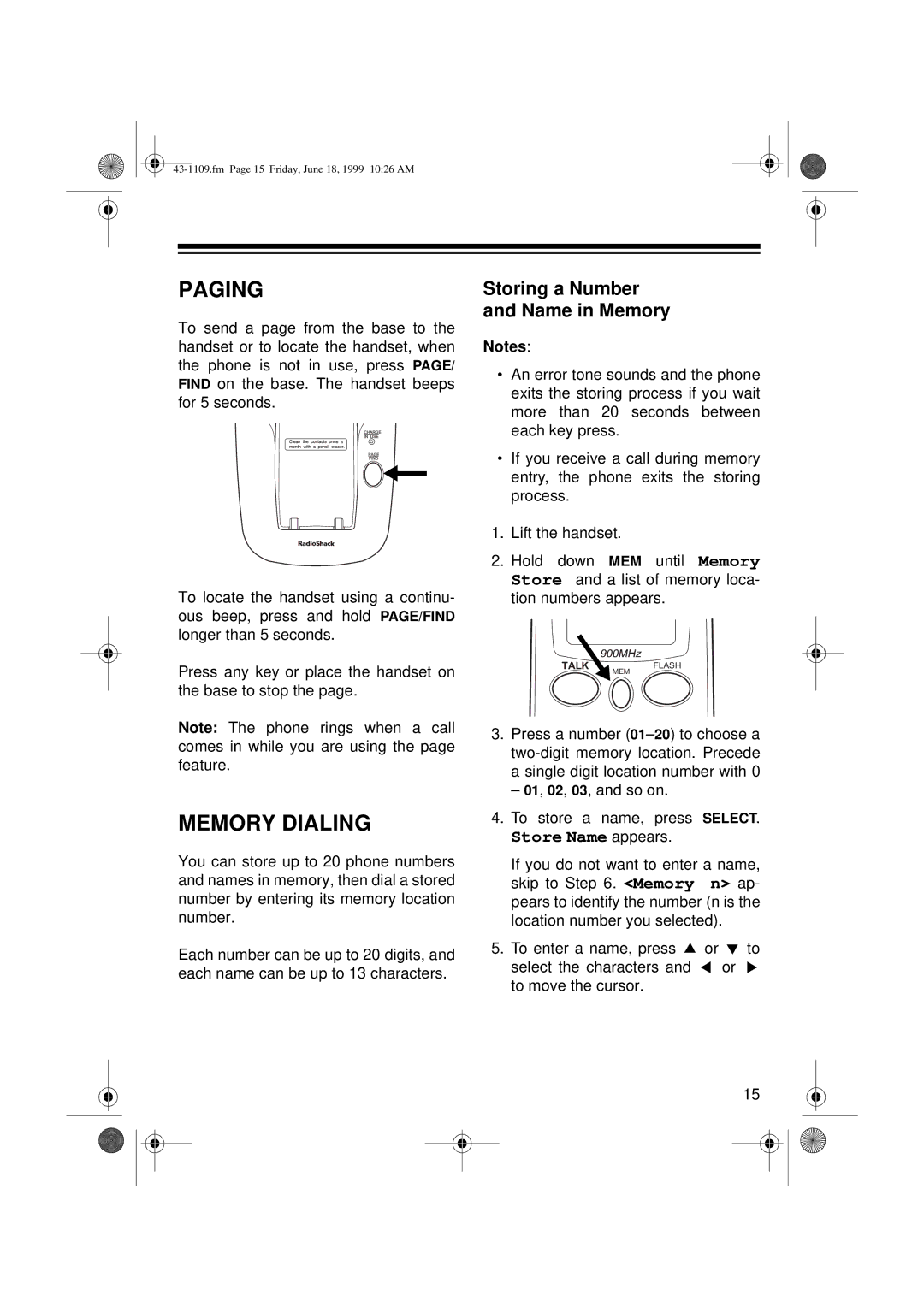 Radio Shack ET-1109 owner manual Paging, Memory Dialing, Storing a Number and Name in Memory 