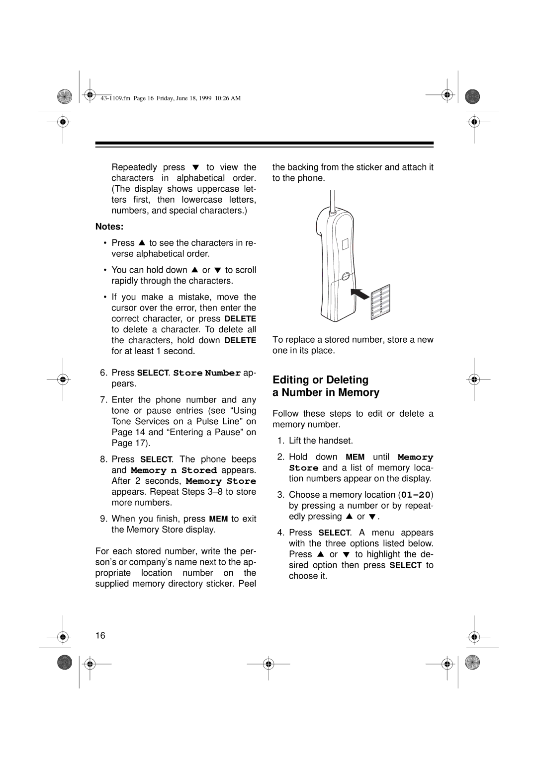 Radio Shack ET-1109 owner manual Editing or Deleting Number in Memory 