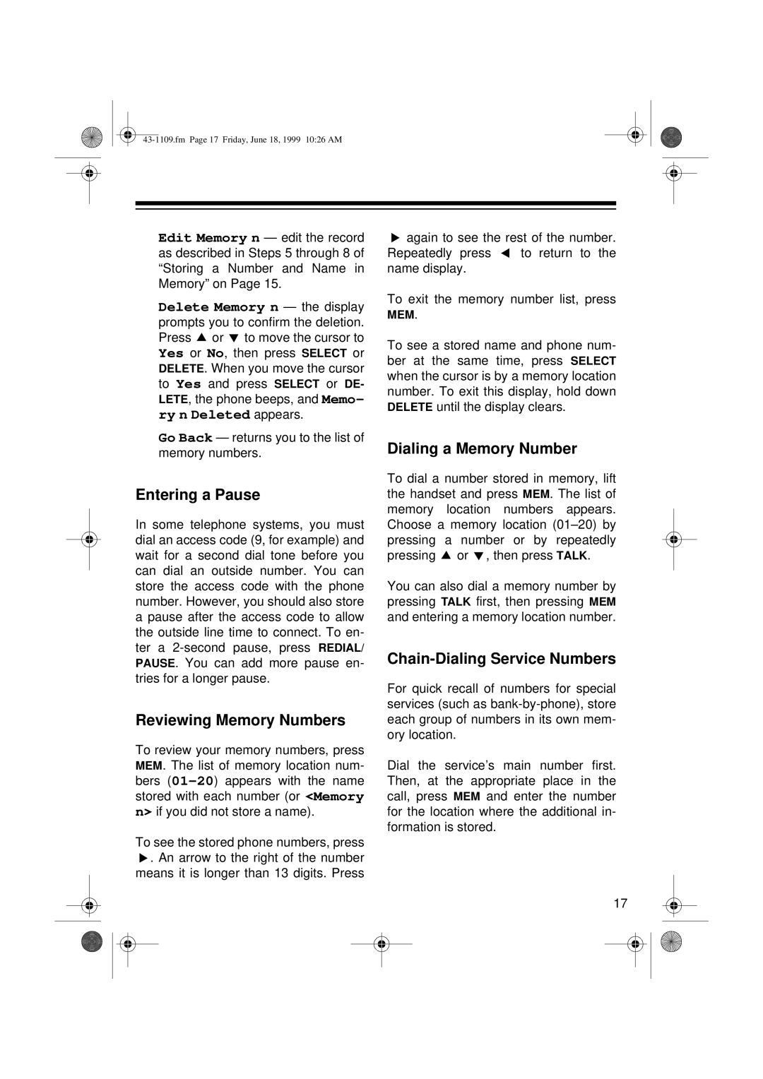 Radio Shack ET-1109 Entering a Pause, Reviewing Memory Numbers, Dialing a Memory Number, Chain-Dialing Service Numbers 