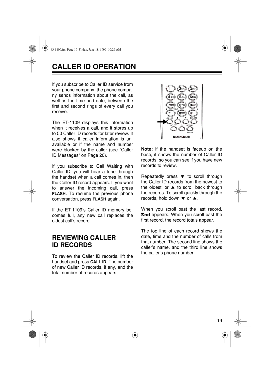 Radio Shack ET-1109 owner manual Caller ID Operation, Reviewing Caller ID Records 