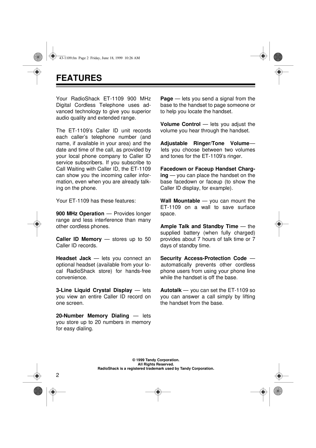 Radio Shack ET-1109 owner manual Features 