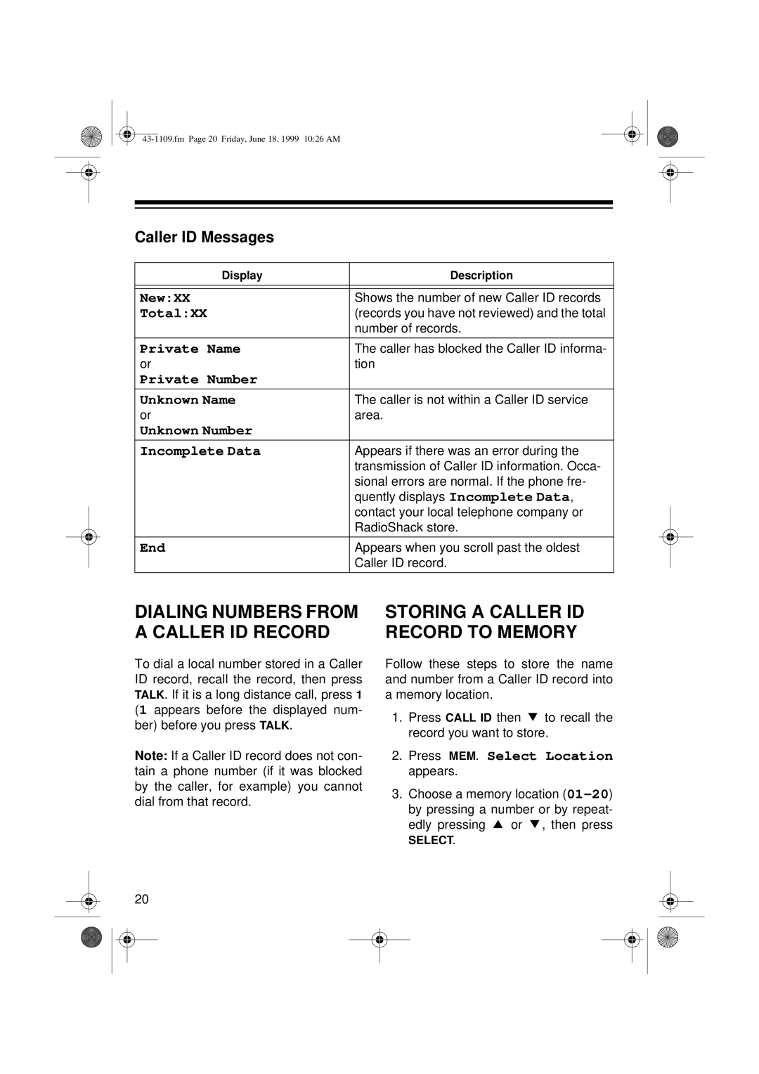 Radio Shack ET-1109 owner manual Storing a Caller ID Record to Memory, Caller ID Messages 