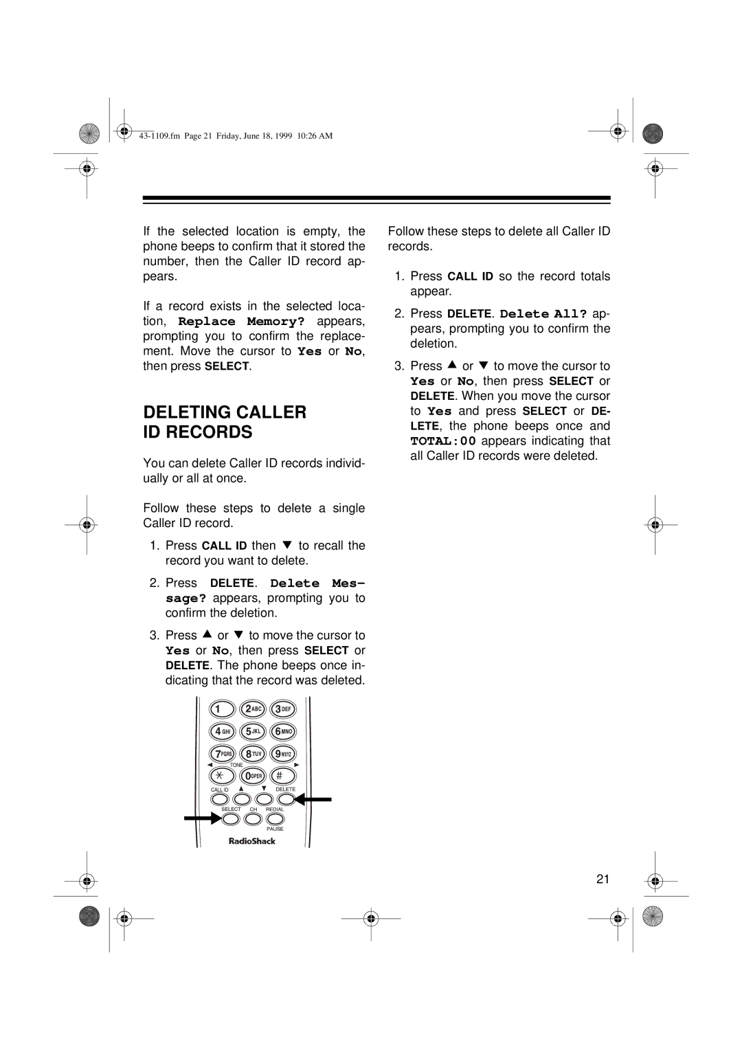 Radio Shack ET-1109 owner manual Deleting Caller ID Records 