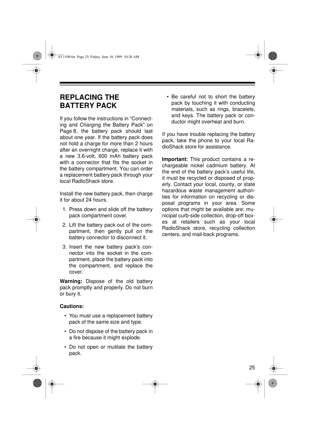 Radio Shack ET-1109 owner manual Replacing Battery Pack 