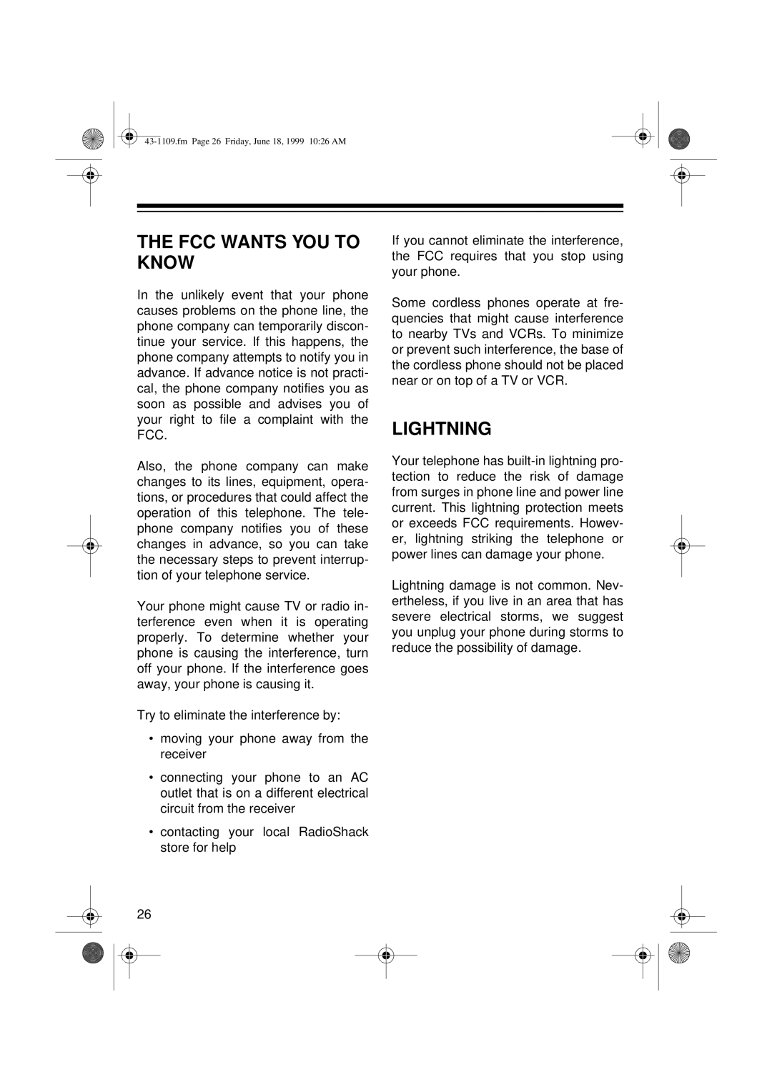 Radio Shack ET-1109 owner manual FCC Wants YOU to Know, Lightning 