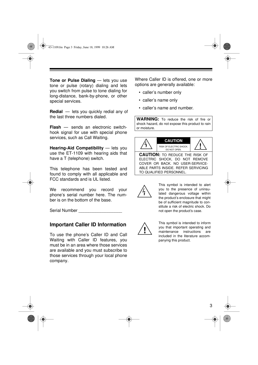 Radio Shack ET-1109 owner manual Important Caller ID Information 