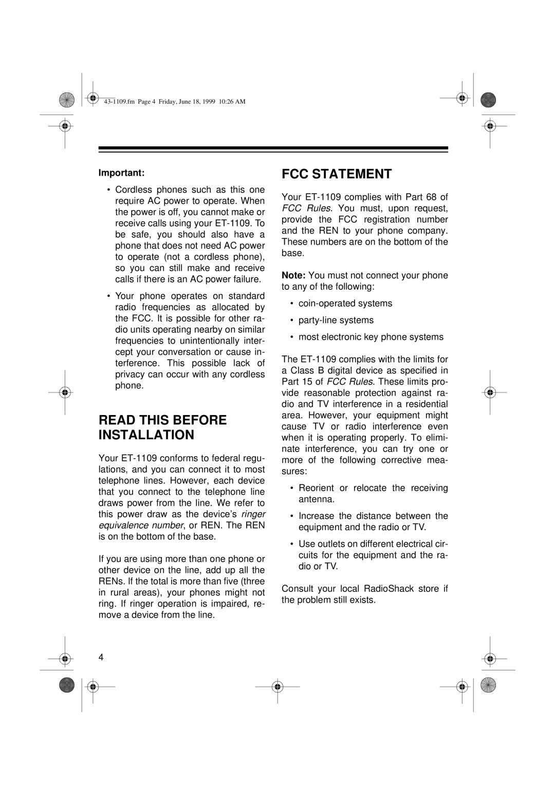 Radio Shack ET-1109 owner manual Read this Before Installation, FCC Statement 