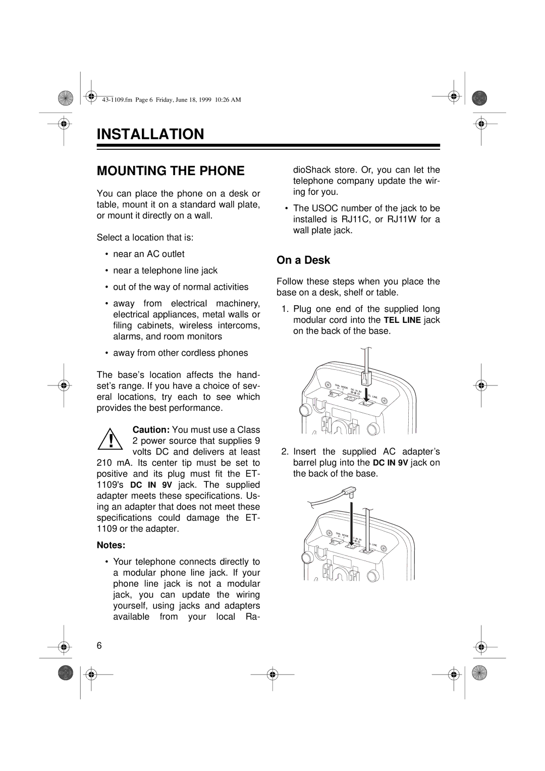 Radio Shack ET-1109 owner manual Installation, Mounting the Phone, On a Desk 