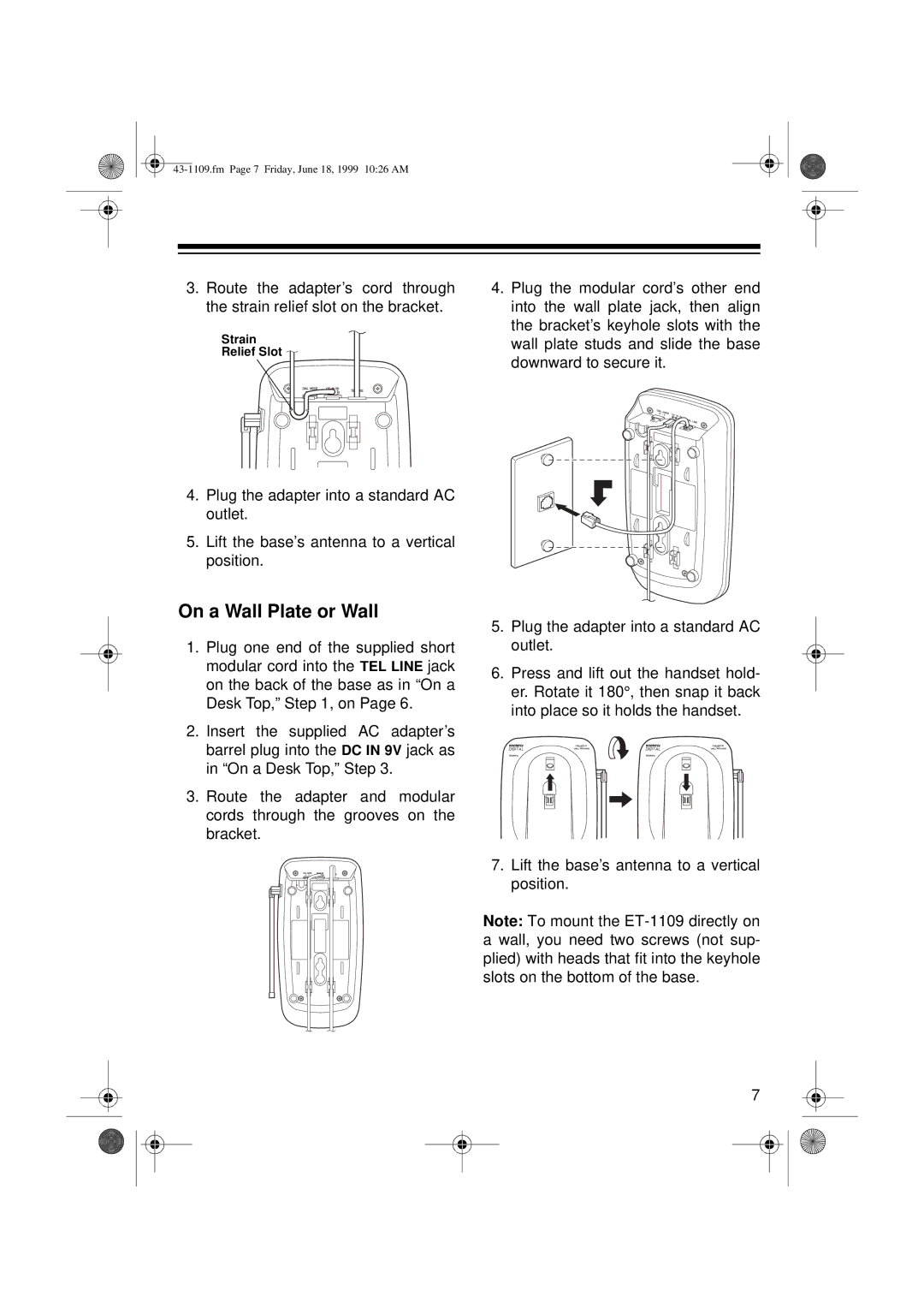 Radio Shack ET-1109 owner manual On a Wall Plate or Wall 