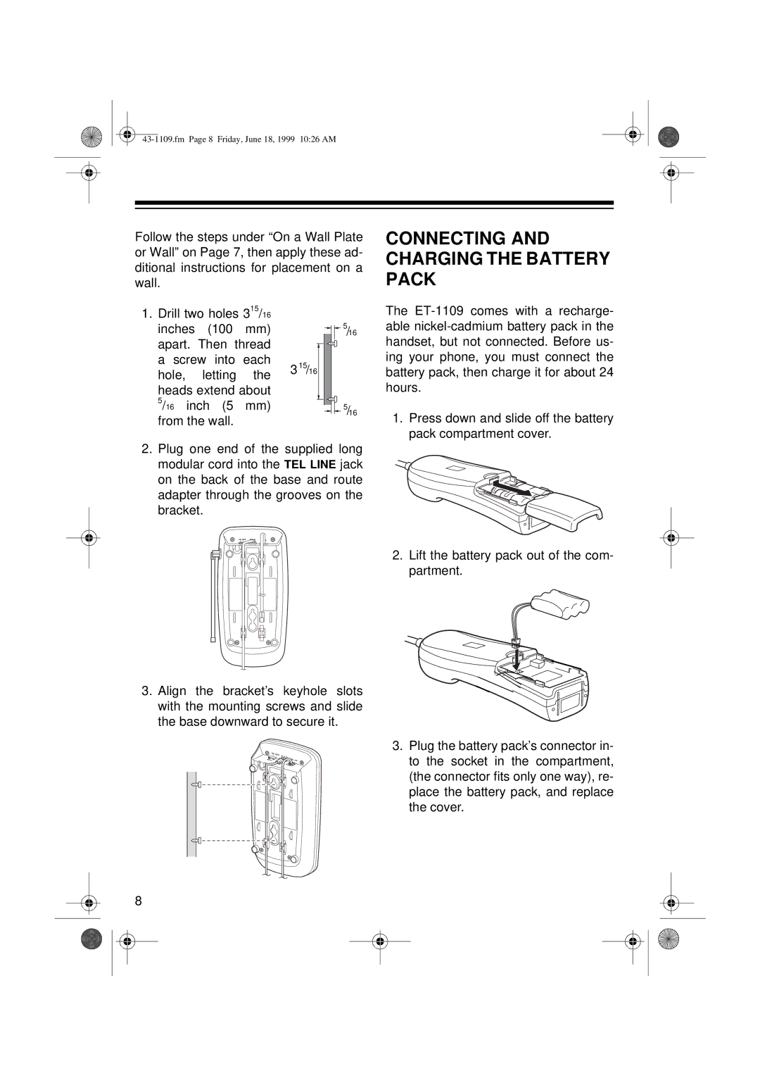 Radio Shack ET-1109 owner manual Connecting and Charging the Battery Pack 