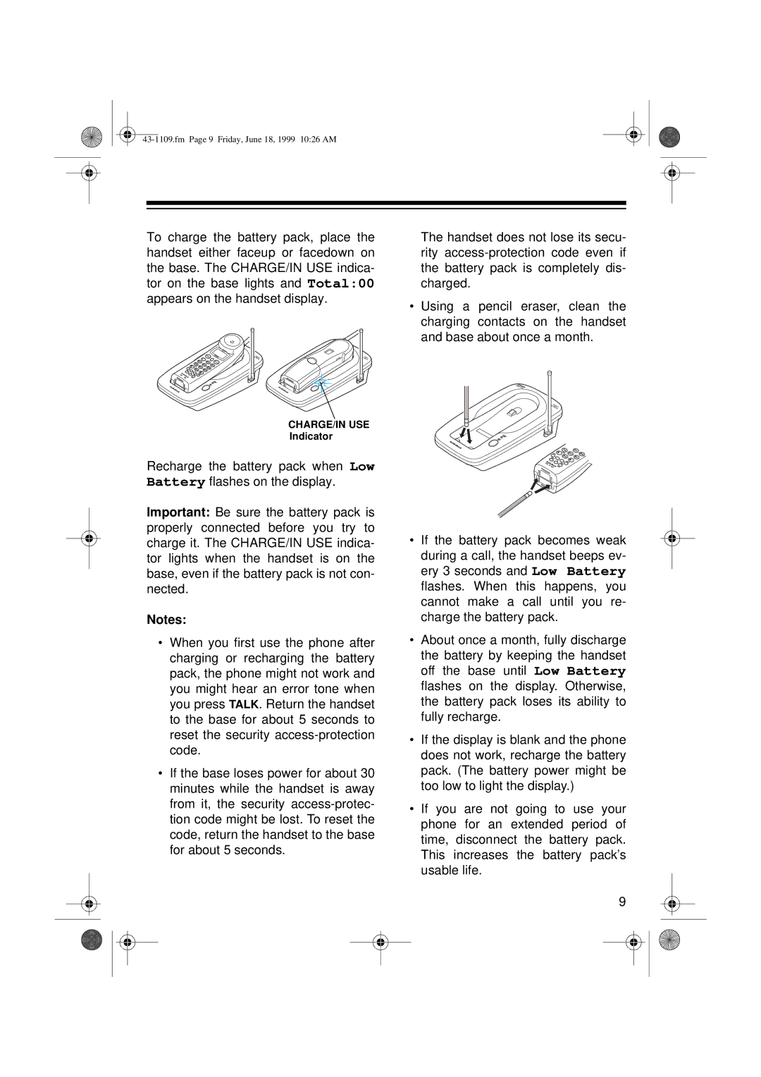 Radio Shack ET-1109 owner manual Charge/In Use 