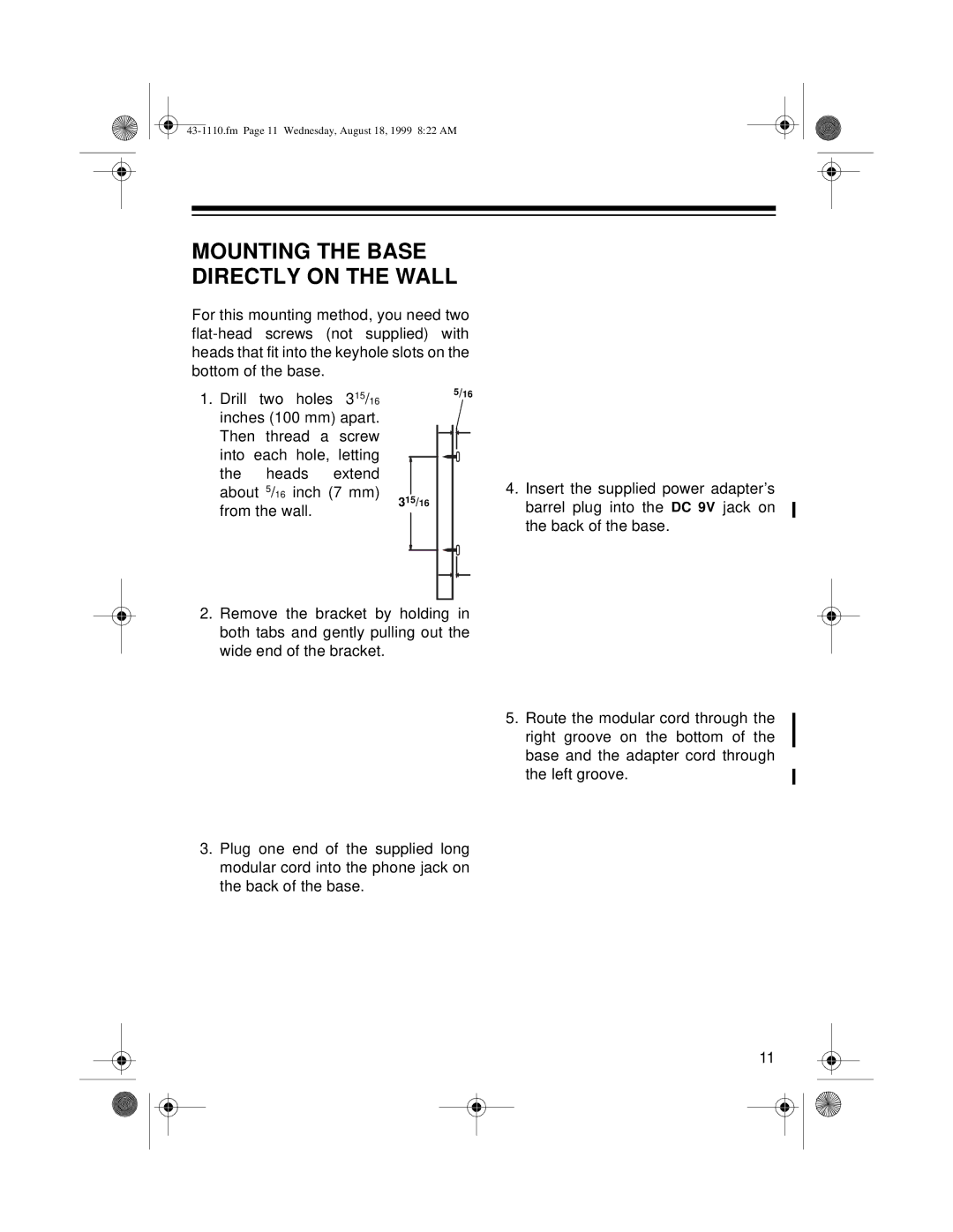 Radio Shack ET-1110 owner manual Mounting the Base Directly on the Wall 