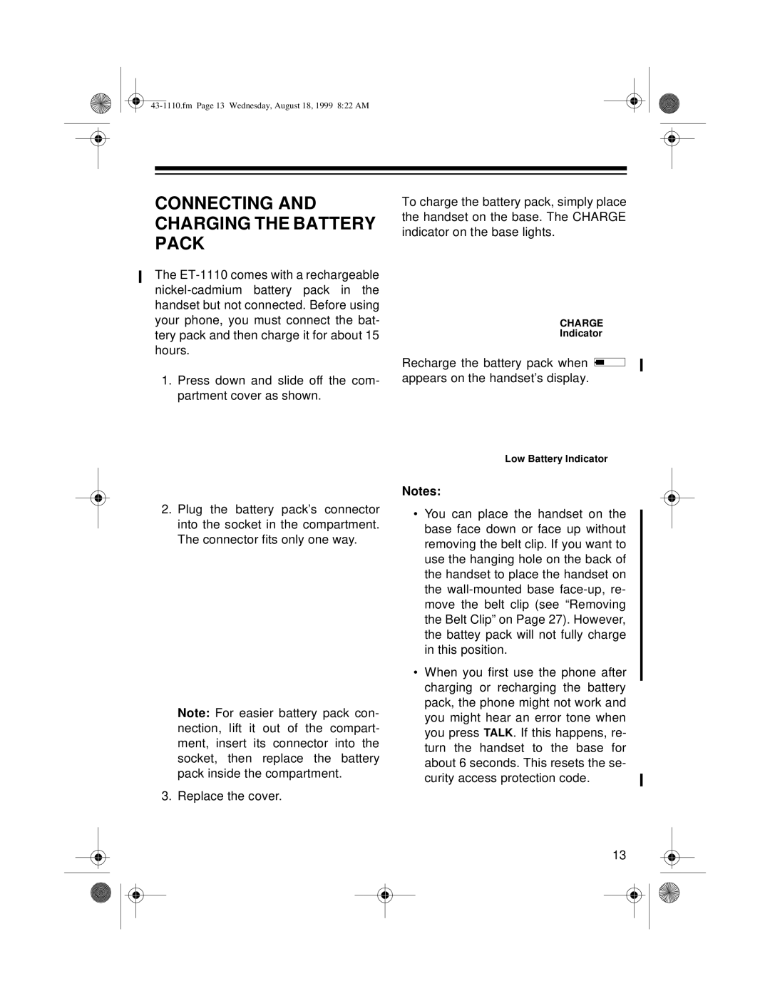 Radio Shack ET-1110 owner manual Connecting and Charging the Battery Pack 