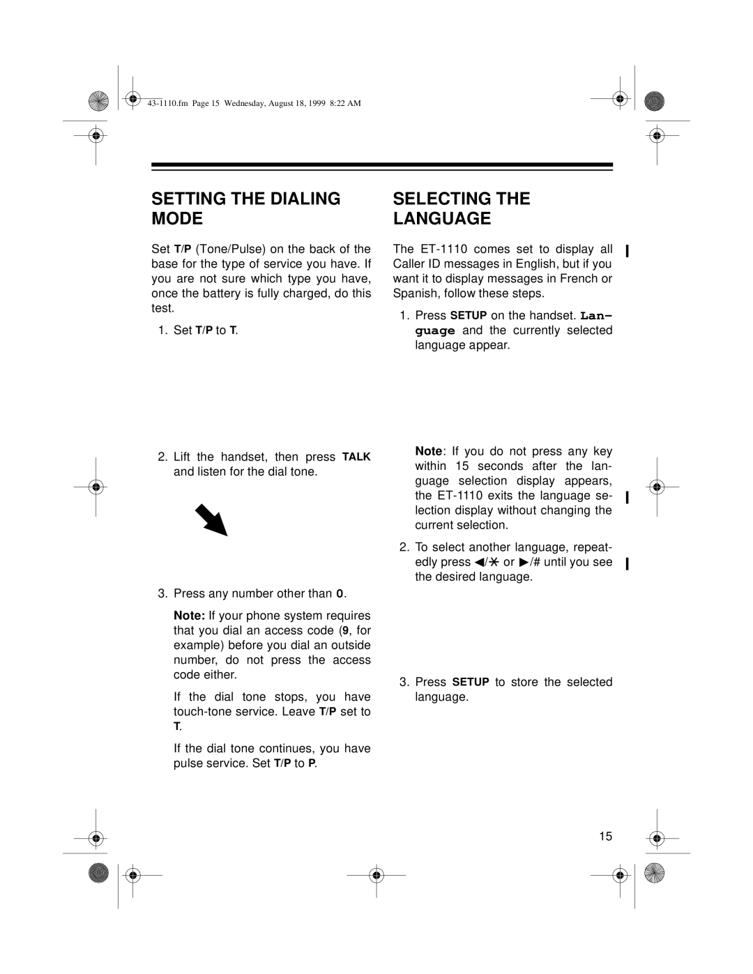 Radio Shack ET-1110 owner manual Setting the Dialing Mode, Selecting Language 