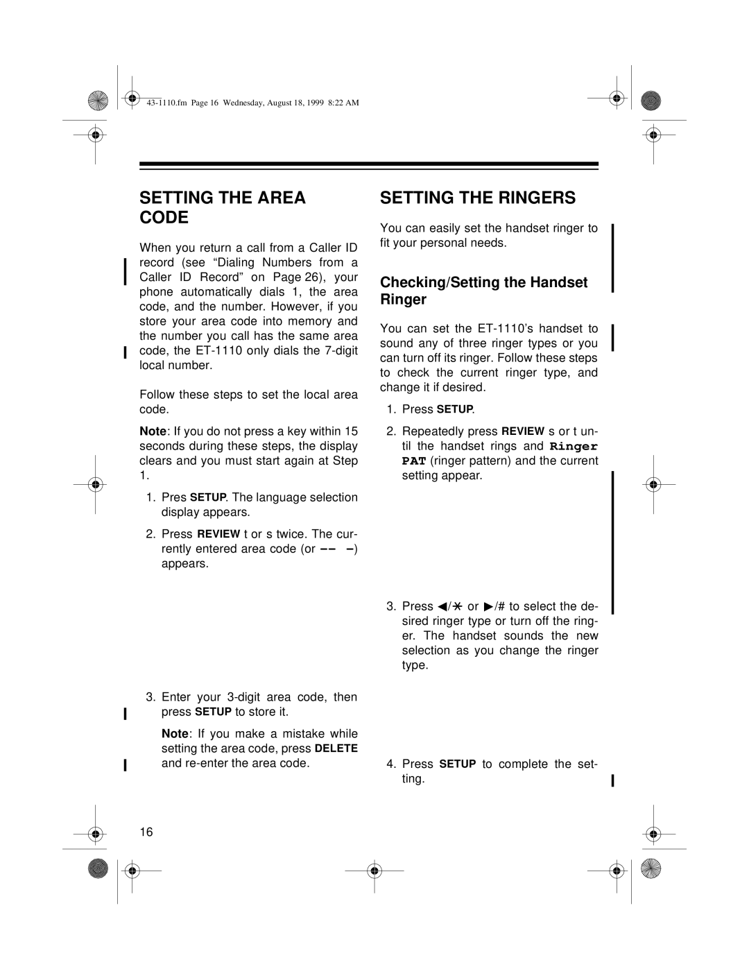 Radio Shack ET-1110 owner manual Setting the Area Code, Setting the Ringers, Checking/Setting the Handset Ringer 