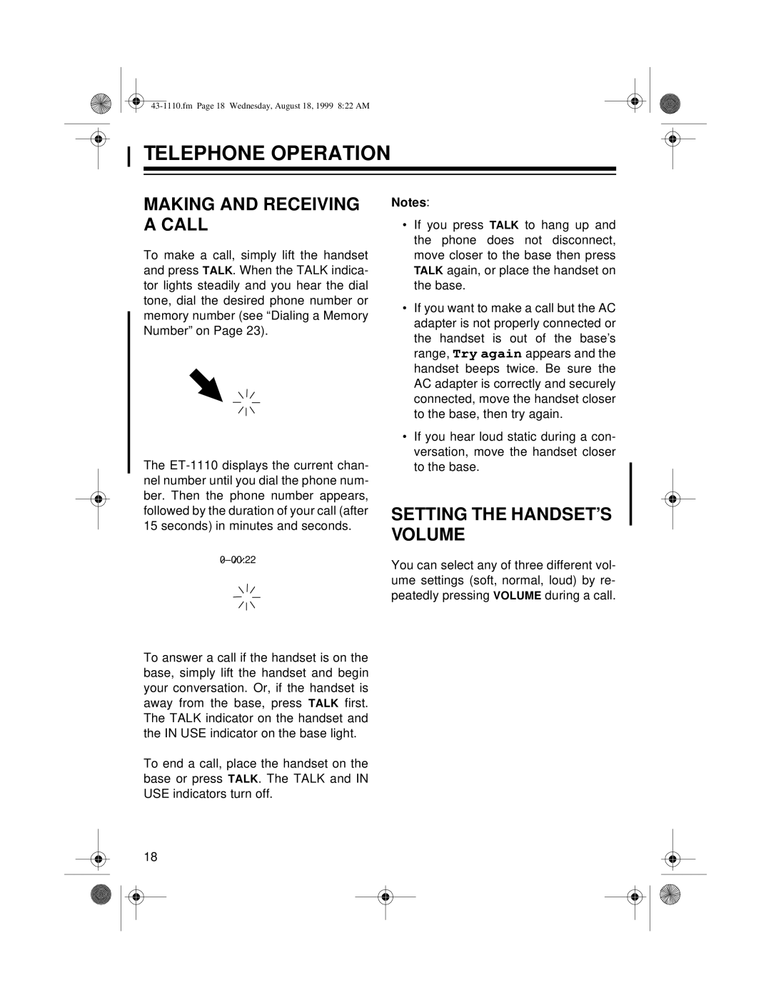 Radio Shack ET-1110 owner manual Telephone Operation, Making and Receiving a Call, Setting the HANDSET’S Volume 