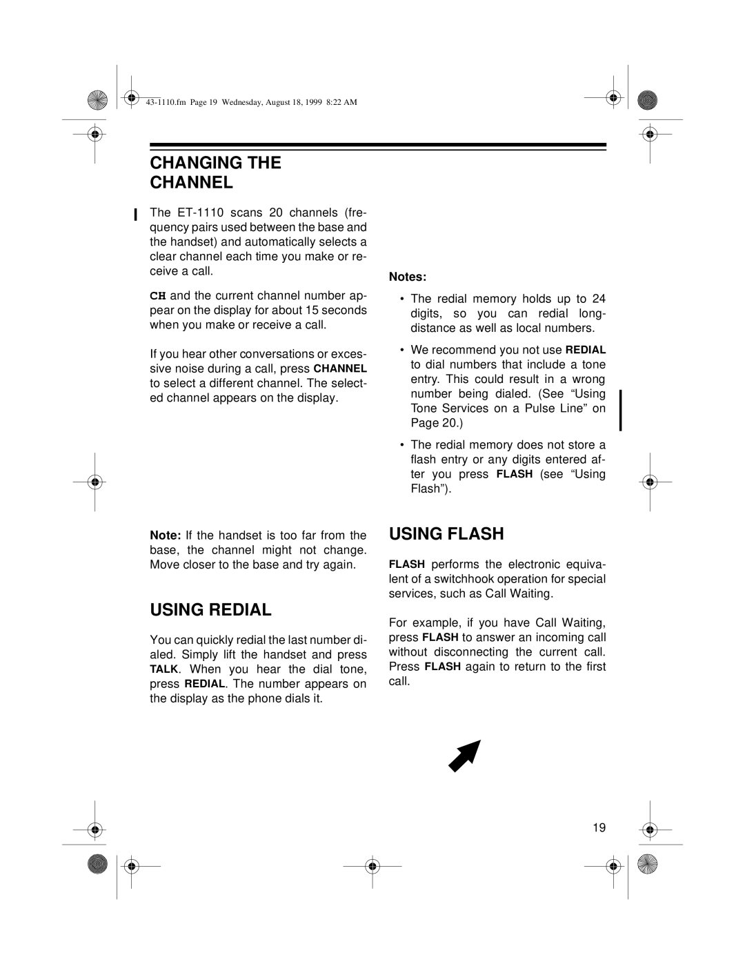 Radio Shack ET-1110 owner manual Changing Channel, Using Redial, Using Flash 