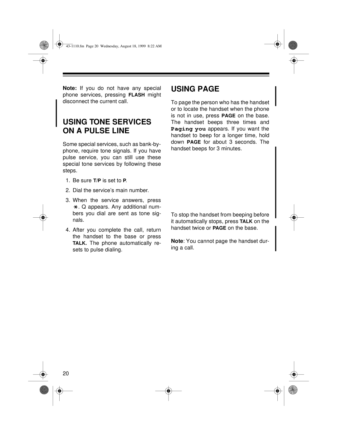 Radio Shack ET-1110 owner manual Using Tone Services on a Pulse Line 