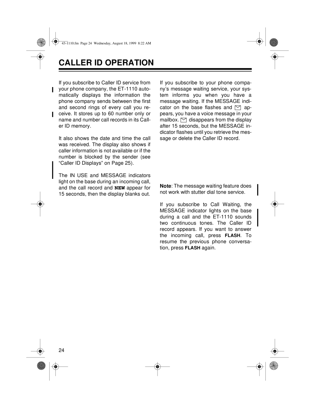 Radio Shack ET-1110 owner manual Caller ID Operation 