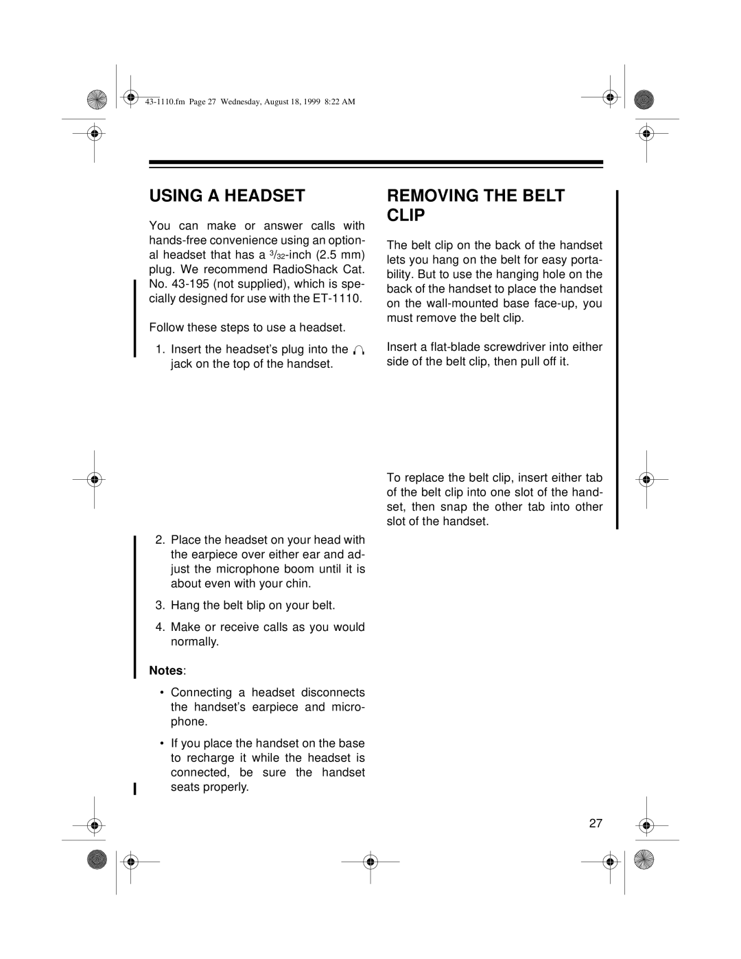 Radio Shack ET-1110 owner manual Using a Headset, Removing the Belt Clip 