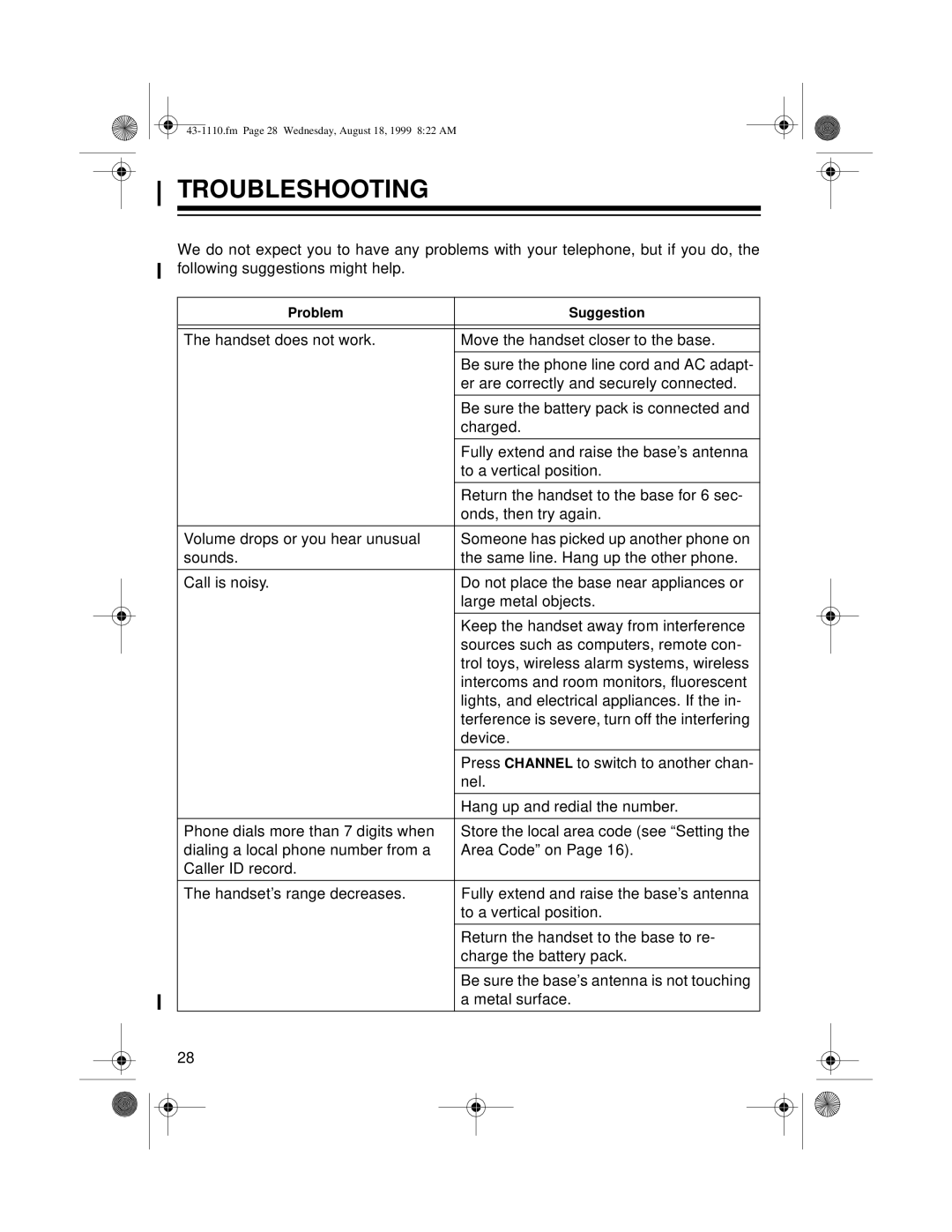 Radio Shack ET-1110 owner manual Troubleshooting 