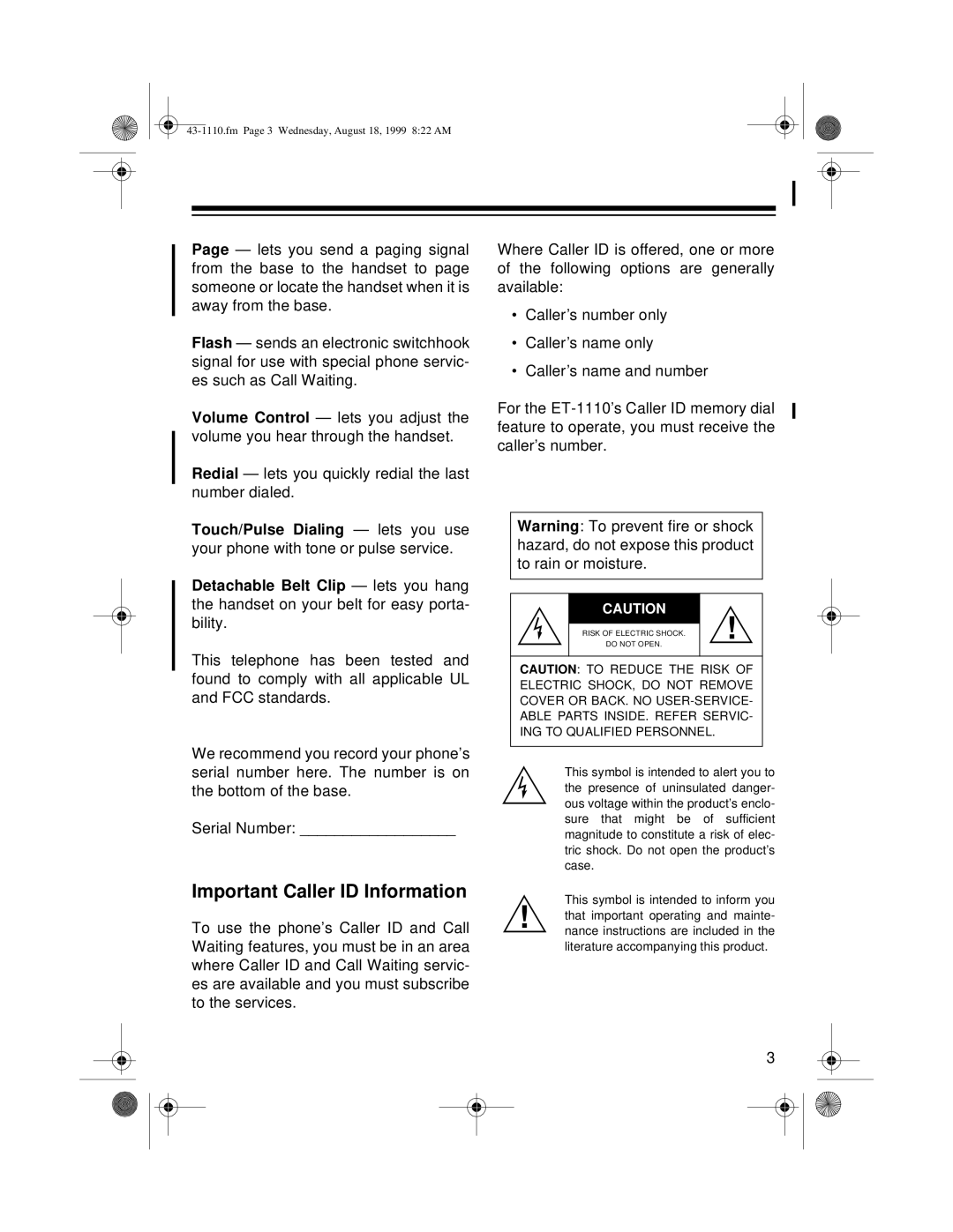 Radio Shack ET-1110 owner manual Important Caller ID Information 