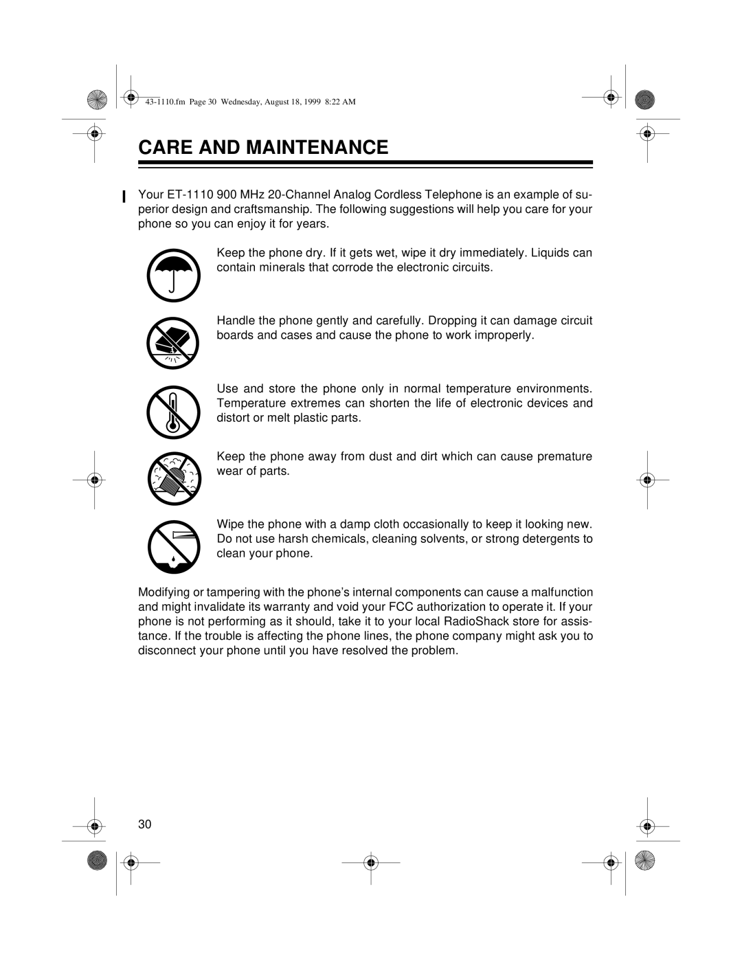 Radio Shack ET-1110 owner manual Care and Maintenance 