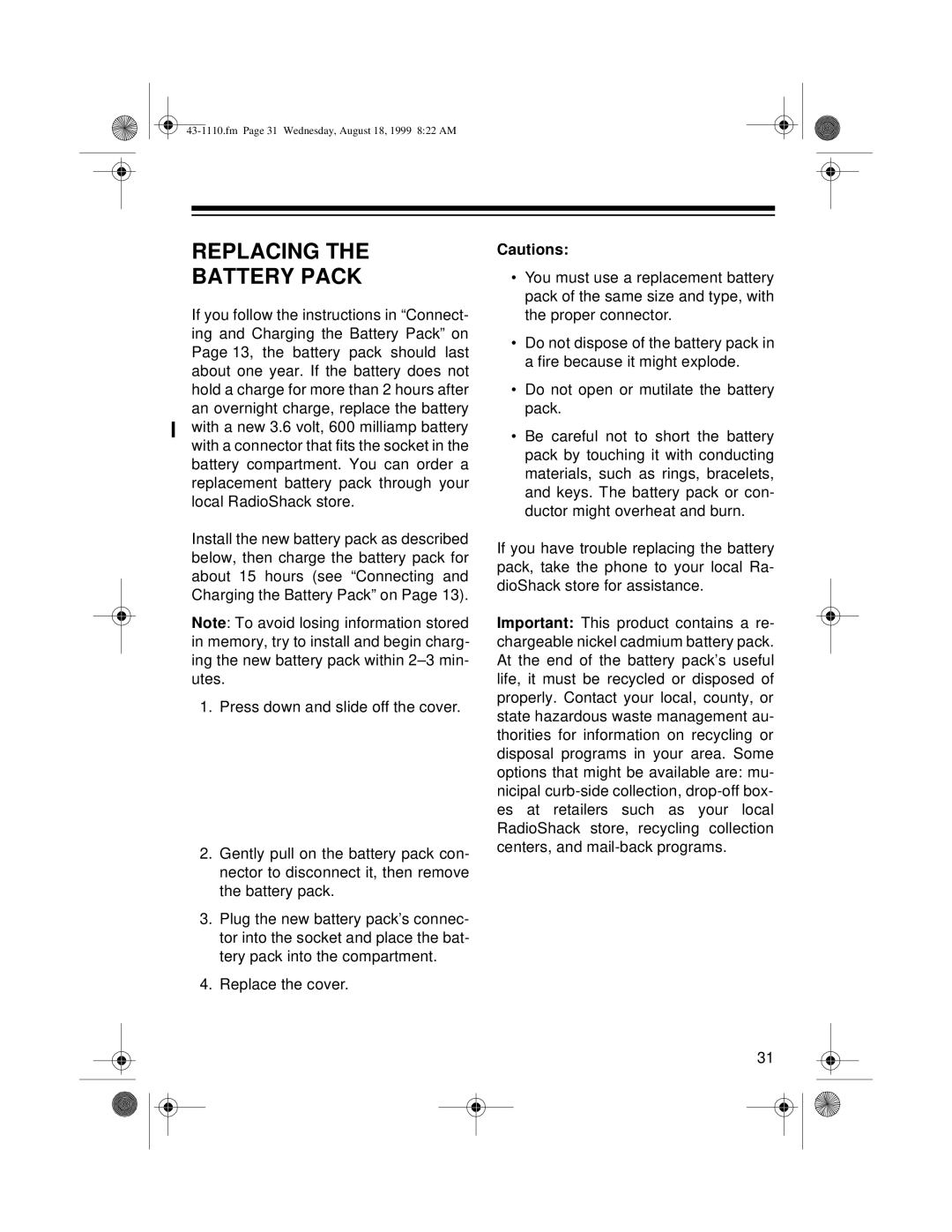 Radio Shack ET-1110 owner manual Replacing Battery Pack 