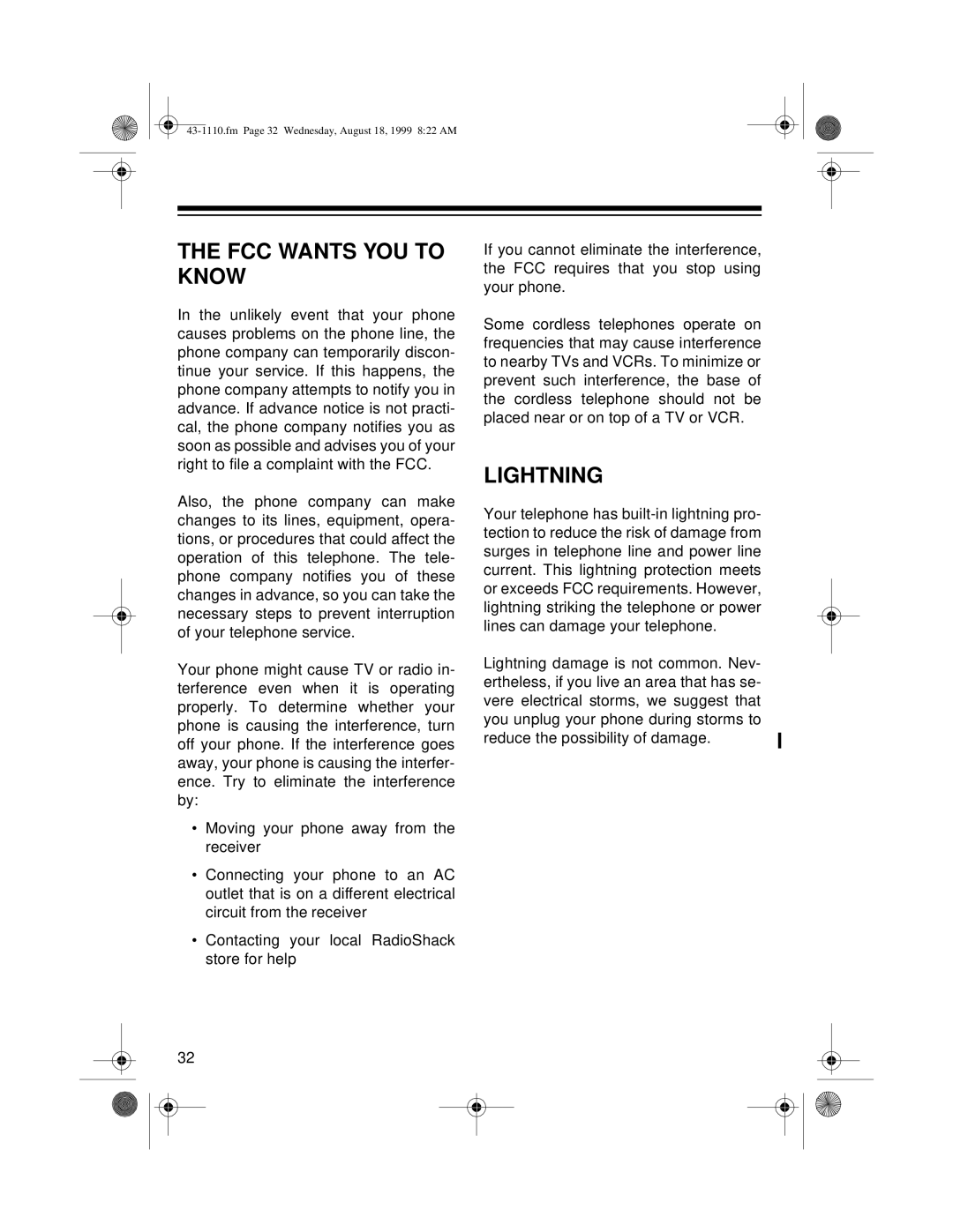 Radio Shack ET-1110 owner manual FCC Wants YOU to Know, Lightning 