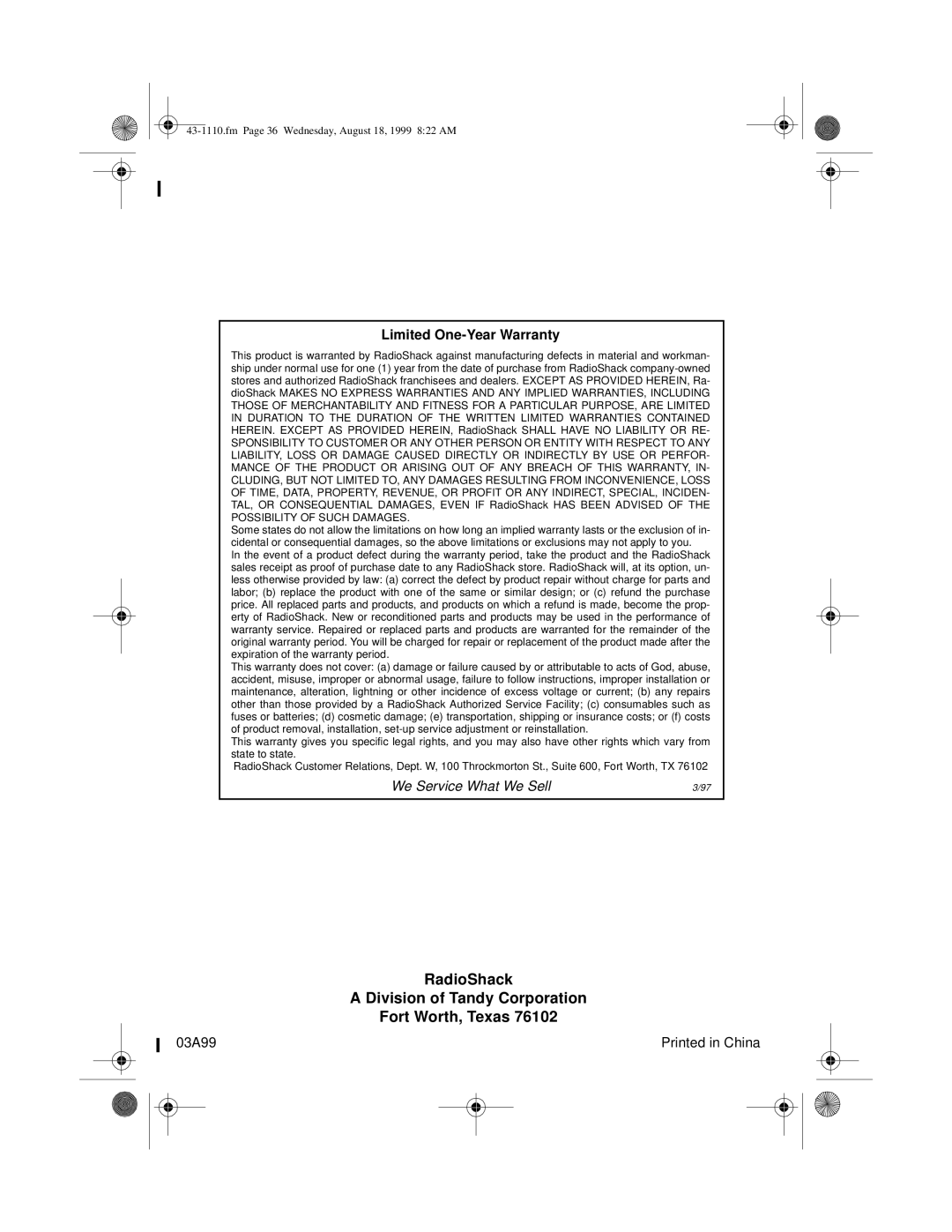 Radio Shack ET-1110 owner manual RadioShack Division of Tandy Corporation Fort Worth, Texas 