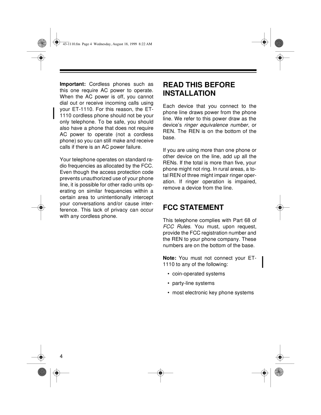 Radio Shack ET-1110 owner manual Read this Before Installation, FCC Statement 